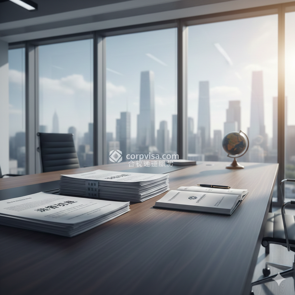 体现专业机构合规优势的图片。画面展示一个专业的办公环境，桌面上放着整齐的签证申请资料和印有corpvisa.com标志的笔记本。窗外是明亮的城市背景，阳光洒入室内，象征着透明、合法的服务环境。构图采用低角度拍摄，强调专业感和权威感，与网络上的低俗、灰色流量形成鲜明对比。