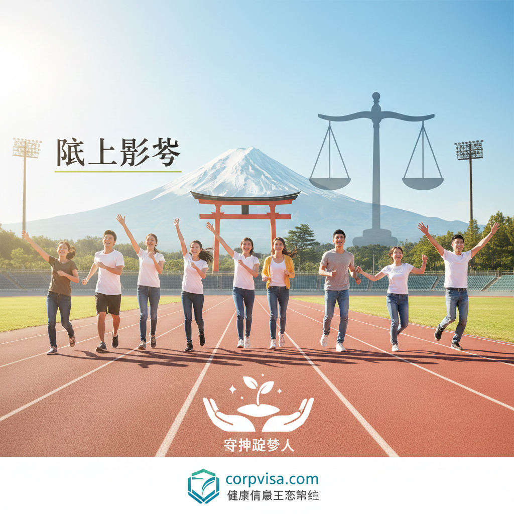 总结图片，展示一个健康透明的留学生活愿景。画面中心是一群朝气蓬勃的留学生在阳光下的田径场上奔跑，象征着‘陸上留学’的本意。背景融合了日本地标与代表法律保障的平衡秤剪影，色调明快自然，充满希望。画面下方带有‘守护追梦人’的视觉隐喻，传达出净化网络环境、回归留学初衷的中心思想。