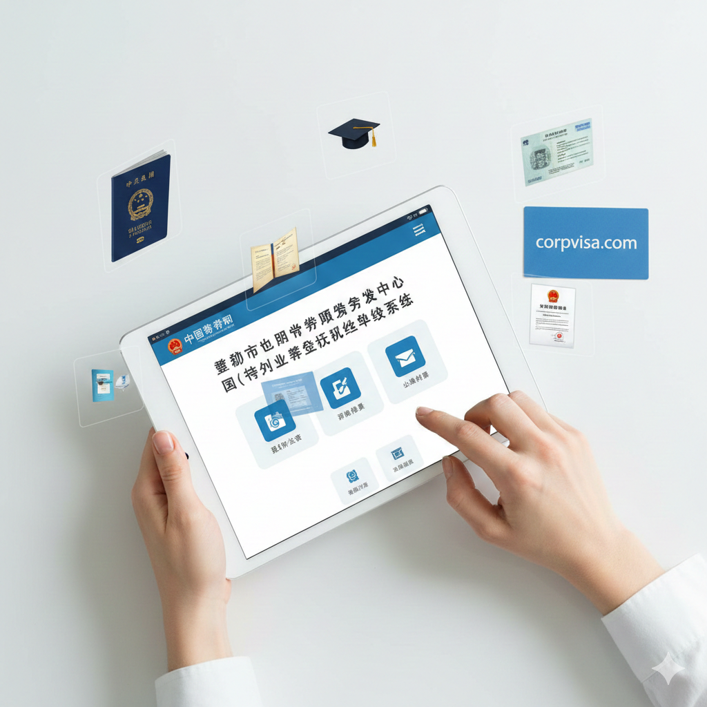 学历认证线上办理的步骤演示图。画面展示一只手正在操作平板电脑，屏幕上显示‘中国留学网’的网申界面模型。周围漂浮着护照扫描件、文凭照片、授权声明书等材料的微缩图标。采用俯视构图，背景干净整洁，重点突出操作流程的便捷性和无纸化办公的现代感，体现corpvisa.com推荐的高效申请方式。