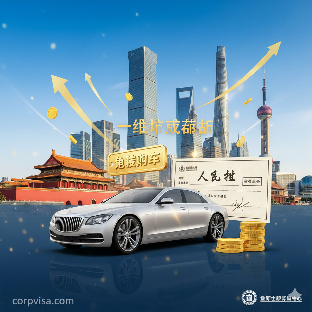 描绘留学生回国优惠政策的优势图。视觉中心是一辆时尚的轿车（代表免税车政策）和一张写有‘人才补贴’的支票。背景是北京或上海标志性的天际线，象征一线城市落户优势。构图充满活力，使用向上的箭头和金币元素点缀，色彩温暖，展现出回国发展充满机遇与福利的积极景象。