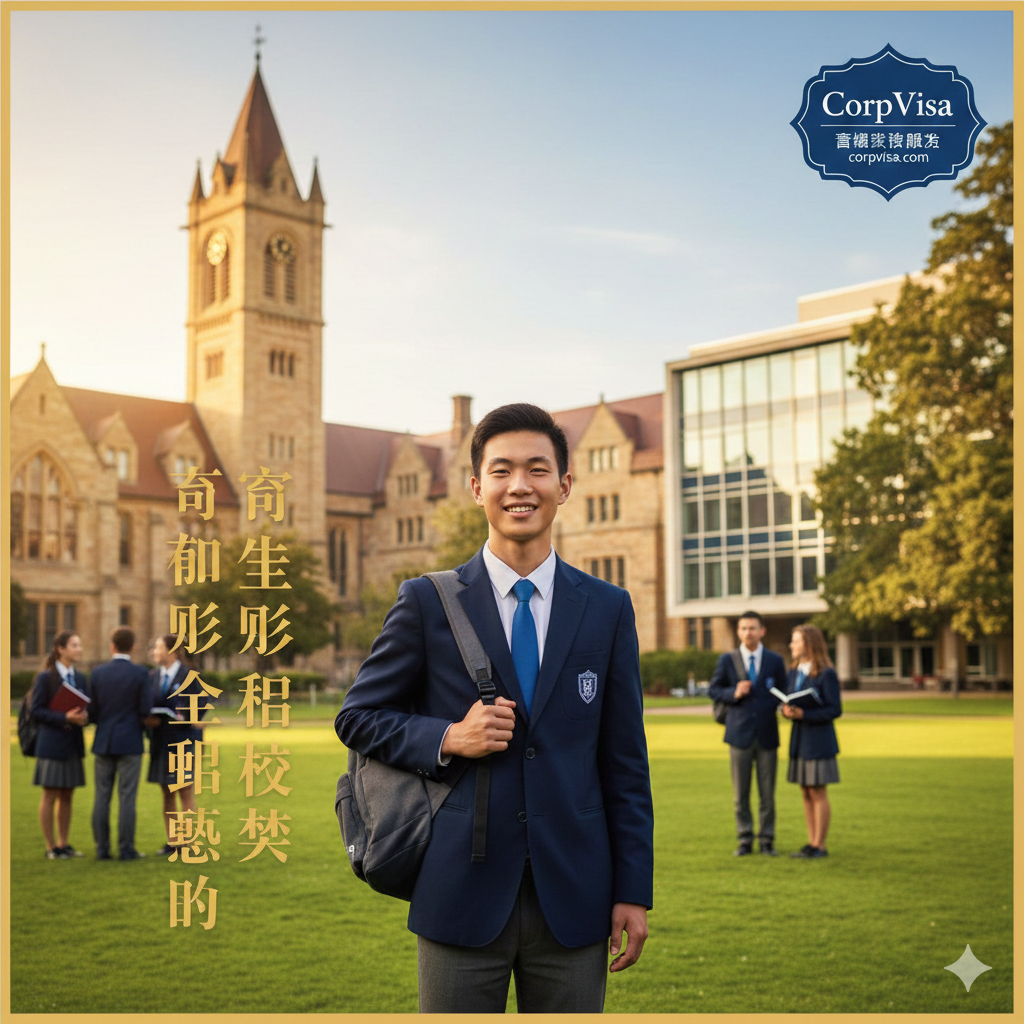 一张充满希望与国际化氛围的封面图。画面中心是一名身穿西装校服、背着双肩包的亚洲高中生，自信地站在充满学术气息的海校校园草坪上。背景是具有历史感的欧式钟楼与现代化的教学楼交相辉映，阳光明媚，色调温暖明亮，构图采用黄金分割法。画面一角点缀着CorpVisa的品牌视觉元素，传递出高端、权威的留学服务质感。