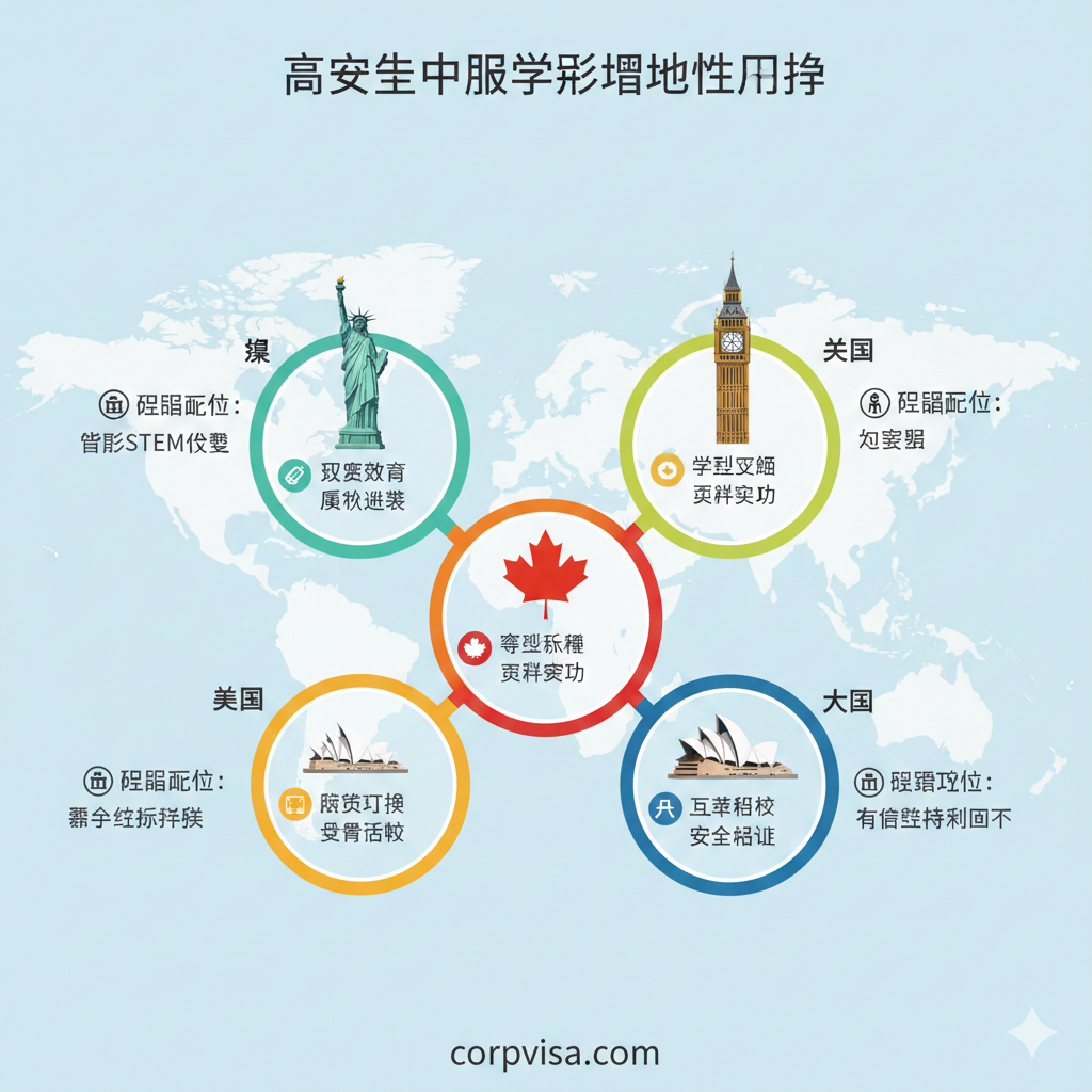 一张信息图表风格的功能展示图。背景是淡蓝色的世界地图轮廓，前景悬浮着代表美国、英国、加拿大、澳洲和新加坡的标志性建筑（如自由女神、大本钟、枫叶、悉尼歌剧院等）。画面采用分栏或环形布局，配合简洁的图标展示不同国家的教育特色和陪读政策，风格专业、色彩清新，旨在让用户一眼看清各国核心差异。