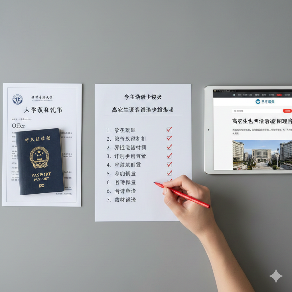 一张流程指导类的教程图。展示一个整洁的桌面场景，上面放着护照、录取通知书（Offer）、签证申请表以及一台显示CorpVisa官网的平板电脑。画面中有一只手正在勾选清单。采用俯视拍摄视角（Flat Lay），光线柔和。通过视觉化的步骤引导，展示从学术申请到签证获批的清晰逻辑，整体风格严谨且具有执行感。