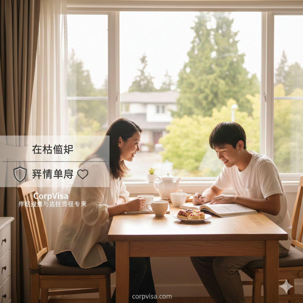 一张强调亲情与保障的优势对比图。画面表现一个温馨的海外寄宿家庭或陪读公寓场景，一位母亲与正在学习的高中生孩子共进下午茶，窗外是宁静的社区。视觉重点在于“合法监护”与“亲情陪伴”的结合，强调CorpVisa在陪读签证与法律实务方面的优势。色调以暖白和木质色为主，给人以安心、稳健和全方位护航的视觉印象。