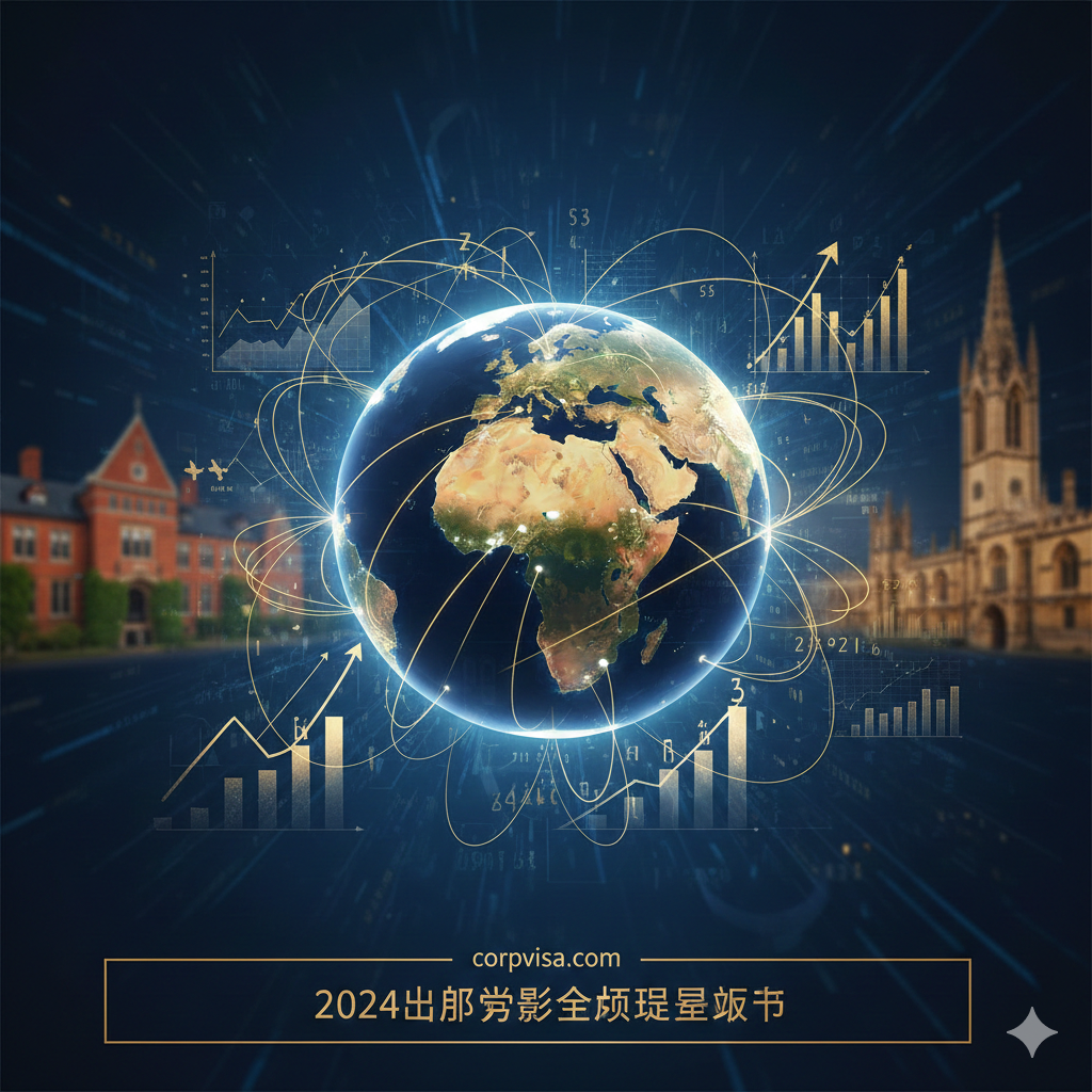 一张富有现代感和专业气息的文章封面图。画面中心是一个发光的地球仪，周围环绕着飞往世界各地的航班轨迹，象征着2024年全球留学的热潮。背景融入了模糊的知名大学建筑（如哈佛红砖墙、牛津尖塔）和抽象的上升数据图表，色彩以深蓝色和专业金为主色调，光影交错，传达出权威、高端且具有全球视野的氛围，构图采用中心对称，视觉冲击力强。
