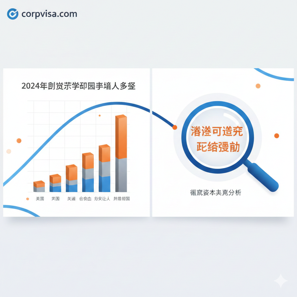 展示2024年出国留学人数增长特征的功能性图片。画面采用分屏或层叠设计，左侧显示精美的3D柱状图，展示美、英、加、澳等国的申请人数激增趋势；右侧展示一个放大镜聚焦在‘签证通过率’和‘政策变动’的字样上。色调清新，以科技白和企业蓝为主，加入亮眼的橙色点缀核心数据，构图平衡，方便读者快速理解文章探讨的宏观数据特征。