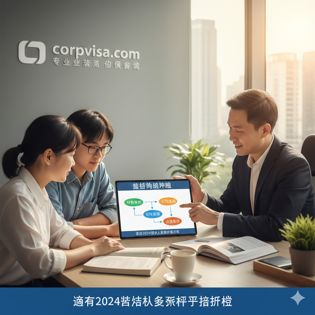 一张展示专业咨询流程的指导性图片。画面描绘一位专业的顾问正在为一对学生家庭展示平板电脑上的留学路径规划图，背景是corpvisa.com的品牌标识和整洁的办公环境。规划图上标注了‘材料准备’、‘GTE审核’、‘签证获批’的关键节点。