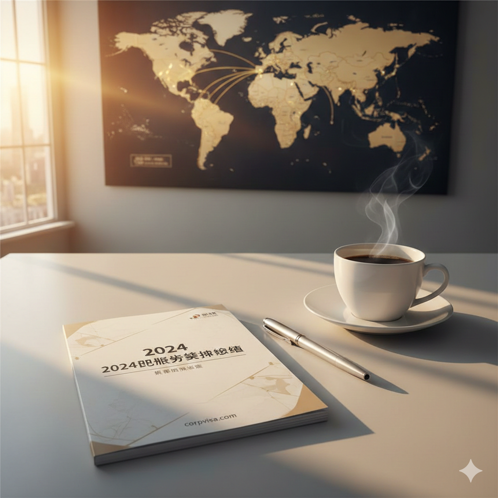 总结性图片。画面展示一张整洁的办公桌，上面放着一本名为《2024留学白皮书》的手册、一支钢笔和一杯咖啡。背景墙上贴着通往未来的世界地图，夕阳余晖洒在桌面上，营造出规划圆满、未来可期的宁静感。
