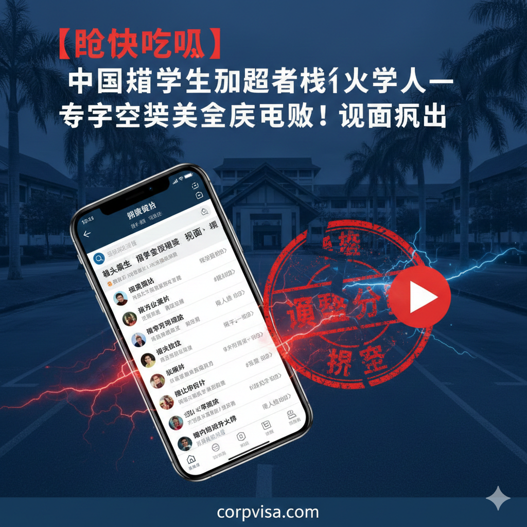 一张具有新闻冲击力的封面图。背景是模糊的马来西亚校园建筑，前景采用拼贴风格，左侧展示手机屏幕上的社交媒体热点话题和搜索框，文字包含‘独家’、‘法律分析’等字样。色调以深蓝和警示红为主，营造出一种严肃且具有法律深度的氛围，构图采用对角线分割，强化视觉冲突感。