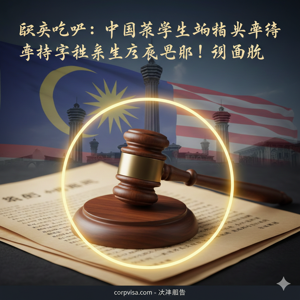 展现马来西亚法律权威的功能性图片。画面中心是一个精致的木制法槌和法律文书，背景半透明叠加马来西亚移民局大楼和国旗元素。色彩使用沉稳的金色与深黑色，强调法律的严肃性。构图简洁，留有空白处以暗示教职人员职业道德准则和刑事法典的重要性，视觉上突出‘规则’与‘界限’。