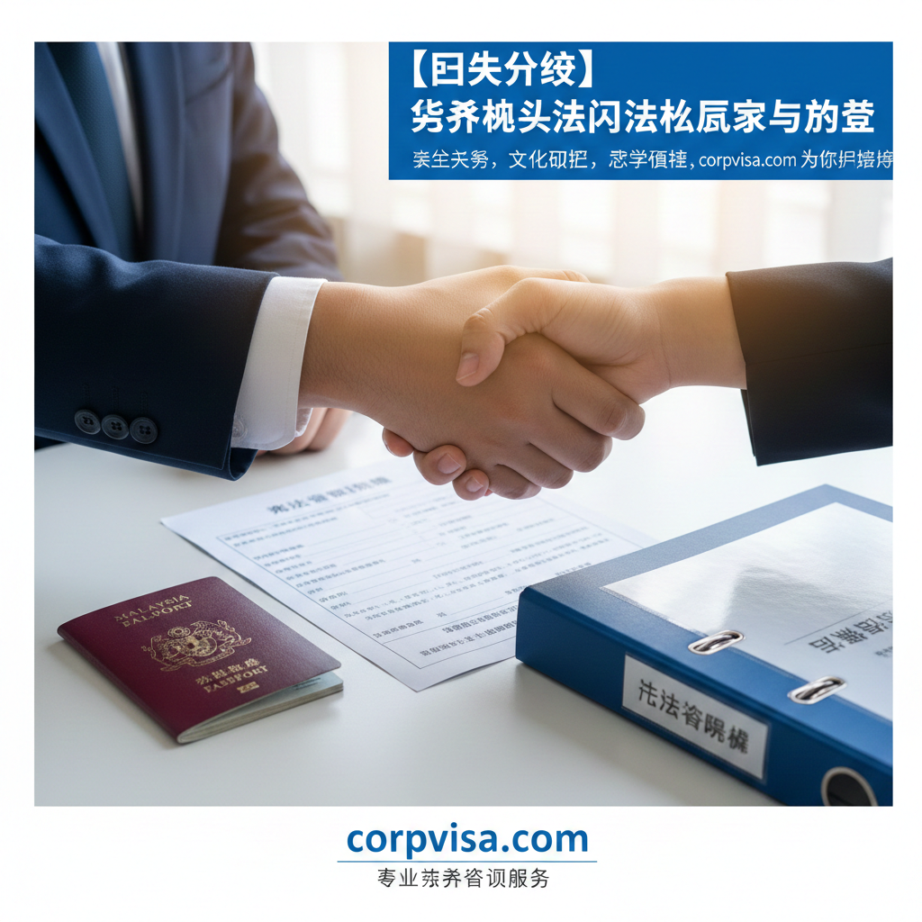 体现corpvisa.com专业优势的图片。画面展示两只正在握手的手，象征信任与合作，一方穿着正式商务西装，另一方为留学生。桌面上摆放着马来西亚护照、留学签证申请表和专业的法律咨询方案。色调采用企业蓝和纯净白，光线柔和，给人以专业、可靠、高效的视觉印象，构图聚焦于手部和核心文件。