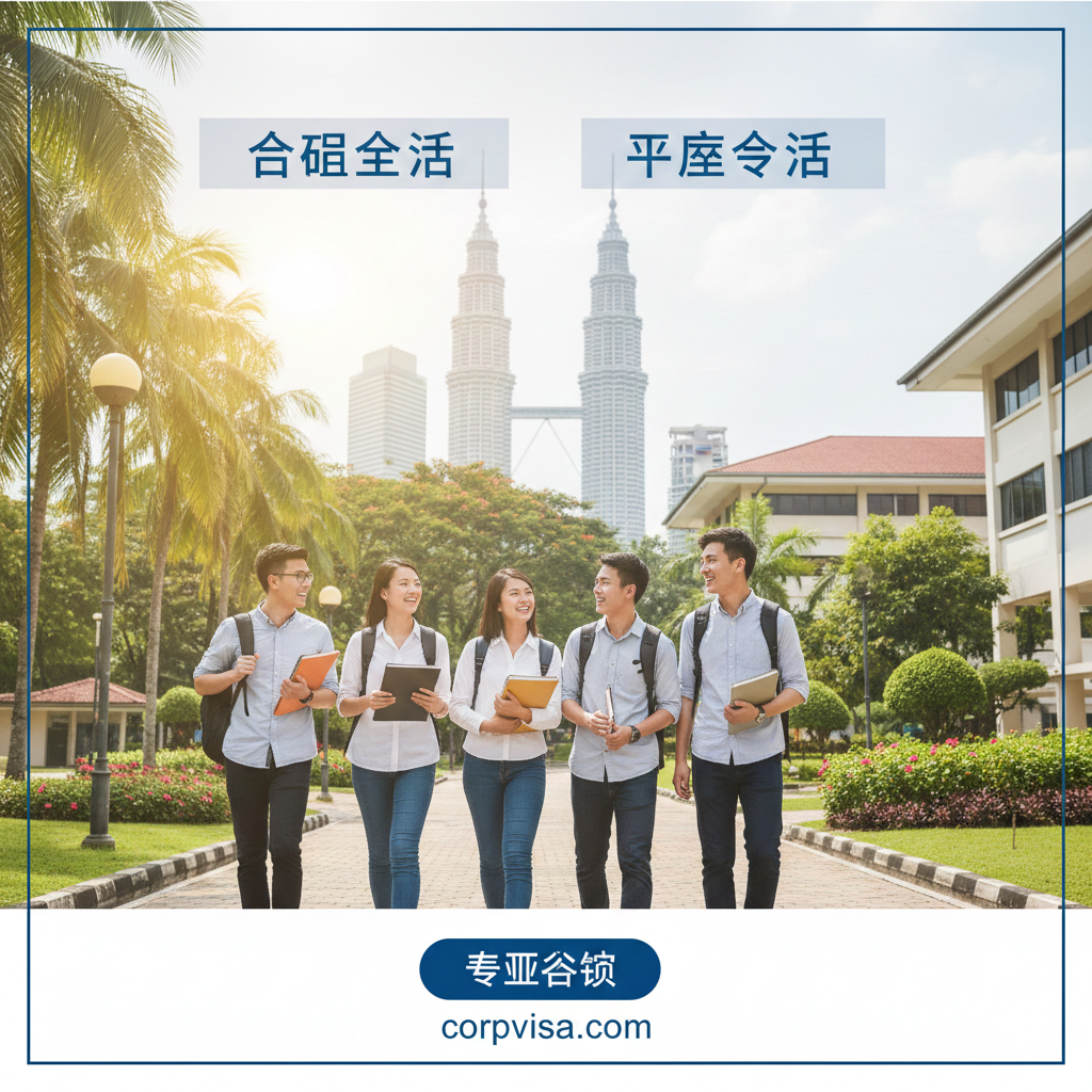 总结性图片，展现阳光下的马来西亚大学校园。中国留学生结伴而行，背景是标志性的双子塔剪影与校园绿植。画面上方半透明浮现‘合规生活’、‘平安留学’的愿景标签。整体色彩明快、充满希望，采用广角构图展现宏大视野，象征在法律框架内享受美好的留学生活，引导读者进行最终的专业咨询。