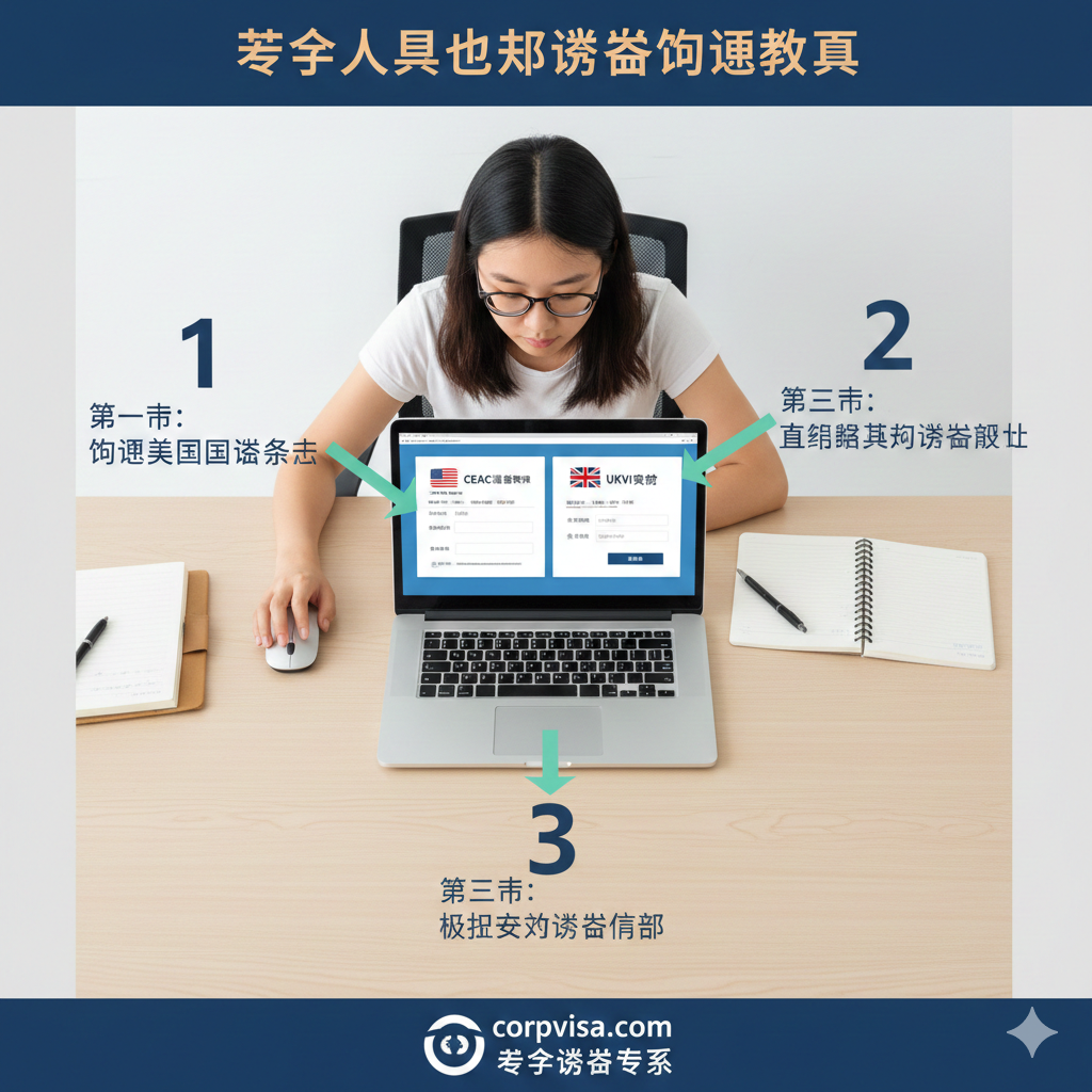 一张清晰的阶梯式流程演示图，采用极简主义风格。画面展示了一名留学生正在笔记本电脑前操作，屏幕上显示出CEAC系统和UKVI账户的查询界面。图中伴有引导式的箭头和步骤标记（1, 2, 3），通过俯视视角呈现干净的桌面布局，旨在直观地教导用户如何一步步查询‘该留学人员所持护照有无有效的出国签证’。