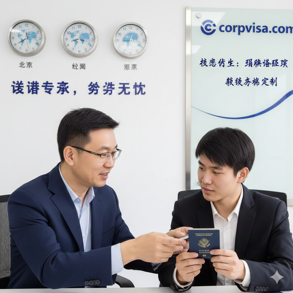 一张展示专业信赖感的场景图，画面左侧是一位穿着职业装的资深咨询顾问，神情专注且亲切，正在与一名手持护照的年轻学生进行沟通。背景是corpvisa.com品牌化的办公环境，装饰墙上有全球时钟。画面强调人际互动的温度与专业度，突出平台在解读疑难签证状态和提供续签方案方面的核心竞争优势。