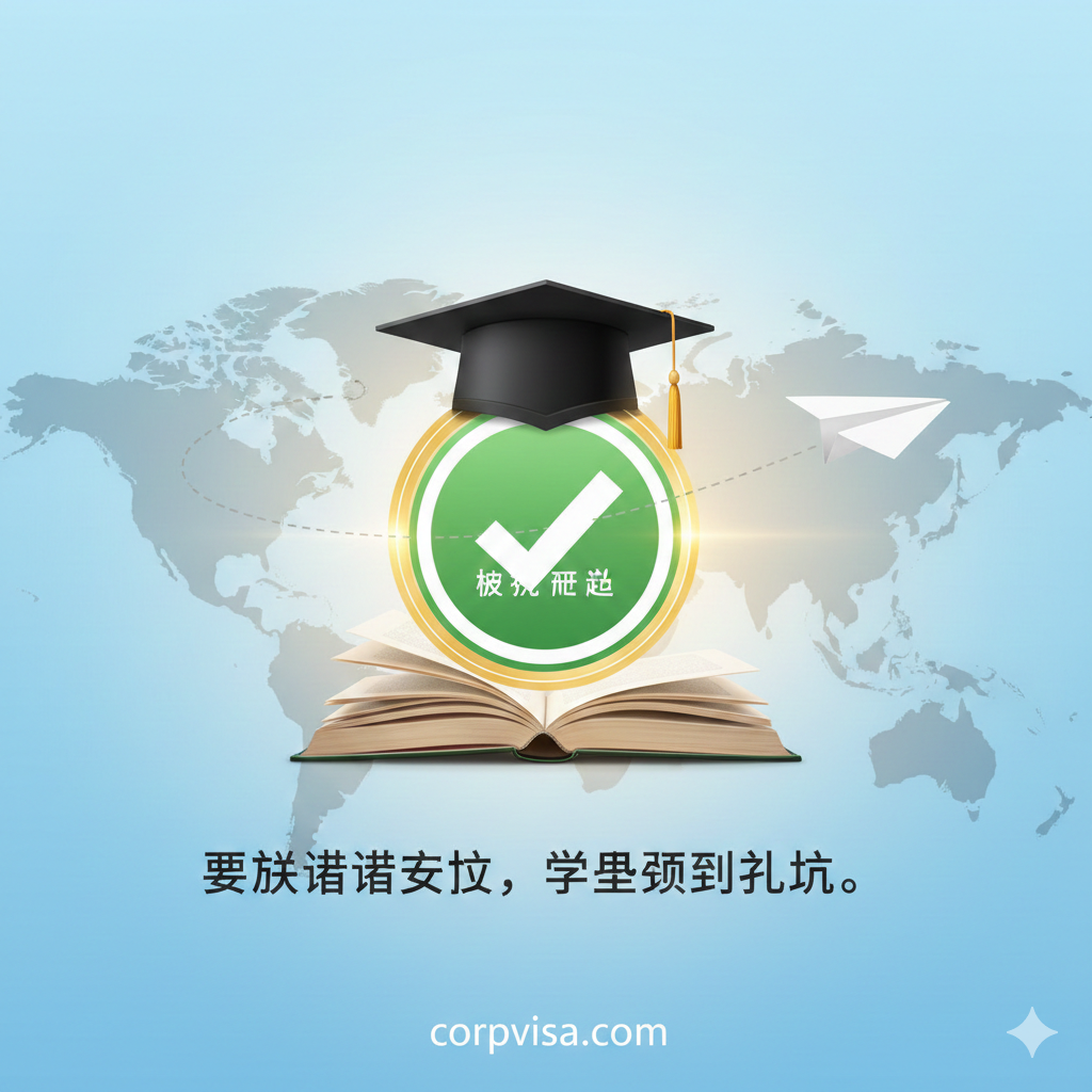 一张寓意学业成功的总结性视觉图。画面中心是一个勾选成功的绿色圆形图标，象征着签证有效性核实通过。周围点缀着毕业帽、书籍、飞往远方的纸飞机以及世界地图背景。整体色调明亮、充满希望，传达出‘确保签证有效，学业顺利启航’的核心理念，为整篇关于签证状态查询的内容做完美的收尾。