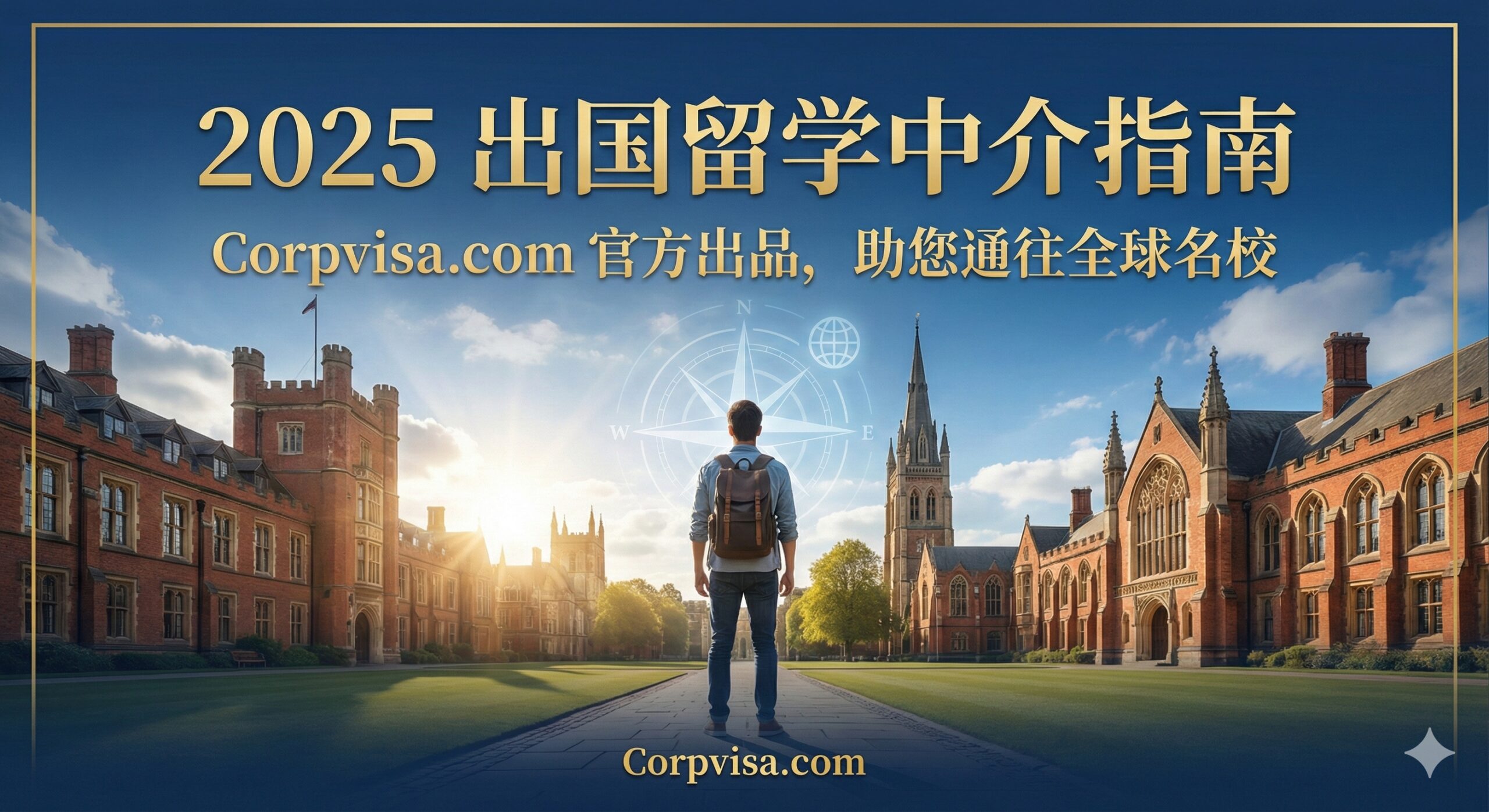 一张充满希望和专业感的封面图片。画面中心是一位自信的学生背着背包，站在通往世界名校（如常春藤风格的红砖建筑或哥特式尖顶）的道路起点。背景是蔚蓝的天空和明媚的阳光，象征着光明的未来。图片上方或留白处巧妙融入半透明的指南针或地球仪元素，寓意‘方向’与‘全球化’。整体色调采用深蓝与金色的搭配，体现Corpvisa品牌的专业、稳重与高端定制感，视觉风格为高清晰度的现代商业摄影。
