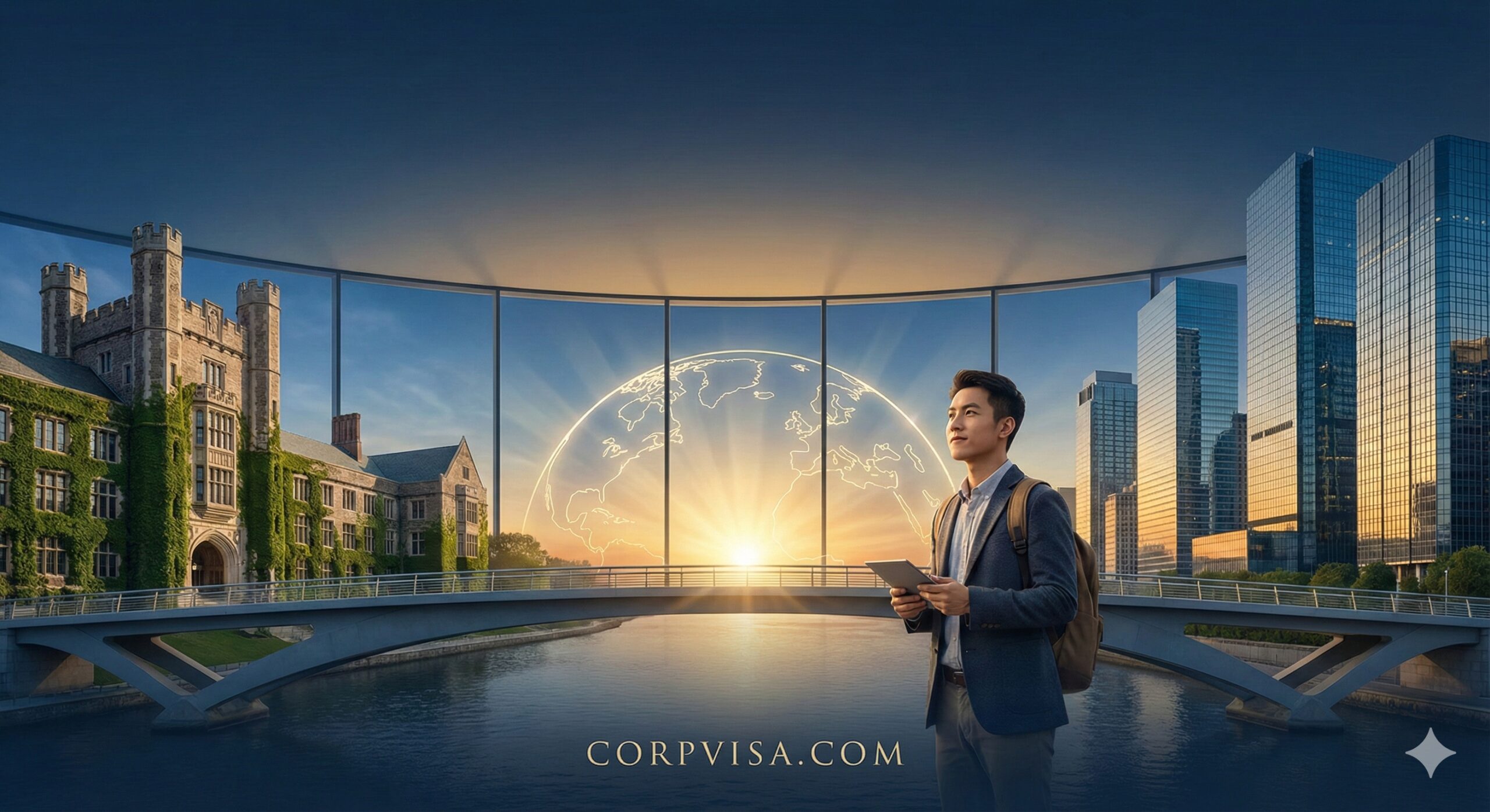 一张极具职业前瞻性和国际视野的封面图。画面中央是一位自信的年轻留学生，背着双肩包，站在连接校园（左侧古典学院派建筑）与职场（右侧现代CBD摩天大楼）的桥梁上。背景是透过明亮落地窗看到的晨曦中的地球仪或世界地图轮廓。色调采用CorpVisa品牌的专业深蓝与象征希望的暖金色的渐变，构图大气，预留顶部空间用于放置文章标题，象征着通过留学实现从名校到名企的跨越。