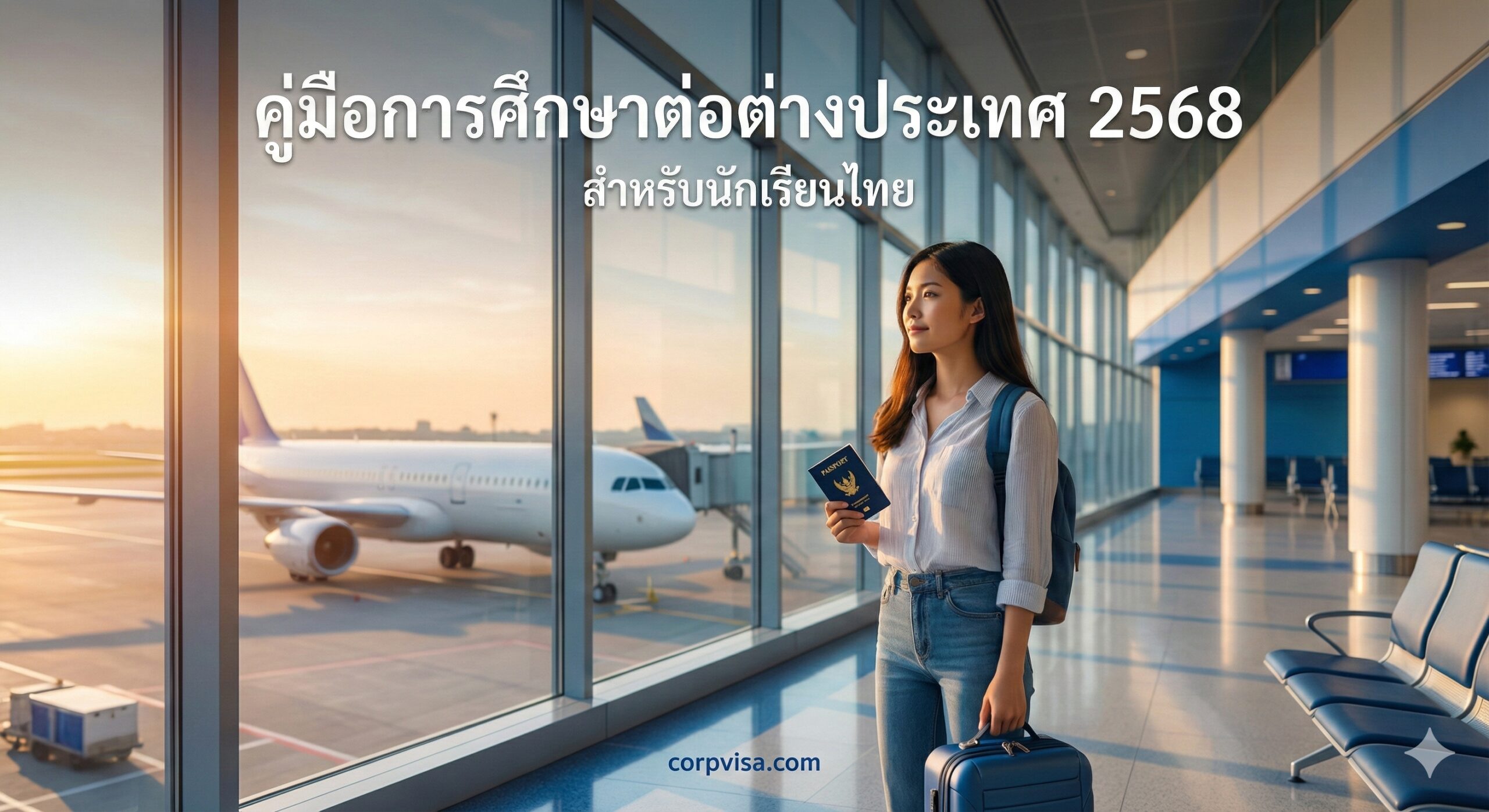 A cinematic, high-quality image of a hopeful student standing at a modern international airport terminal, looking out of a large glass window at an airplane on the tarmac. The student is holding a passport and a carry-on bag.