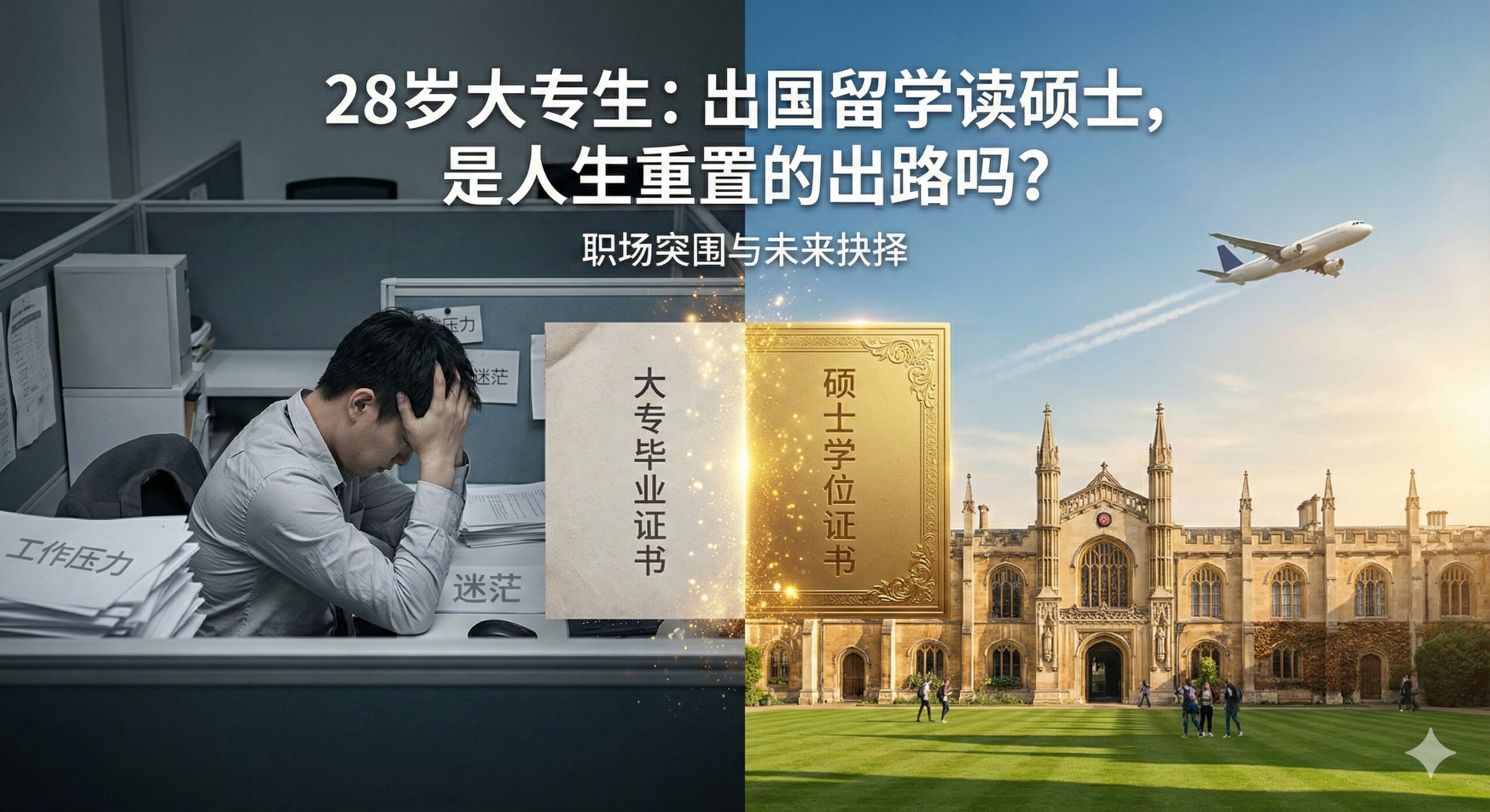 一张极具视觉冲击力的对比构图图片。画面左侧展示了一位28岁左右、略显焦虑的职场人在灰暗狭窄的办公隔间中，象征国内职场的'内卷'与迷茫；画面右侧则是阳光明媚的海外大学校园，一架飞机划过蓝天，象征'重置'人生的希望。画面中央有一本证书正在从'大专'蜕变为金色的'硕士学位'。整体色调由冷转暖，风格为写实摄影与概念艺术结合，突出'人生转折点'的主题。