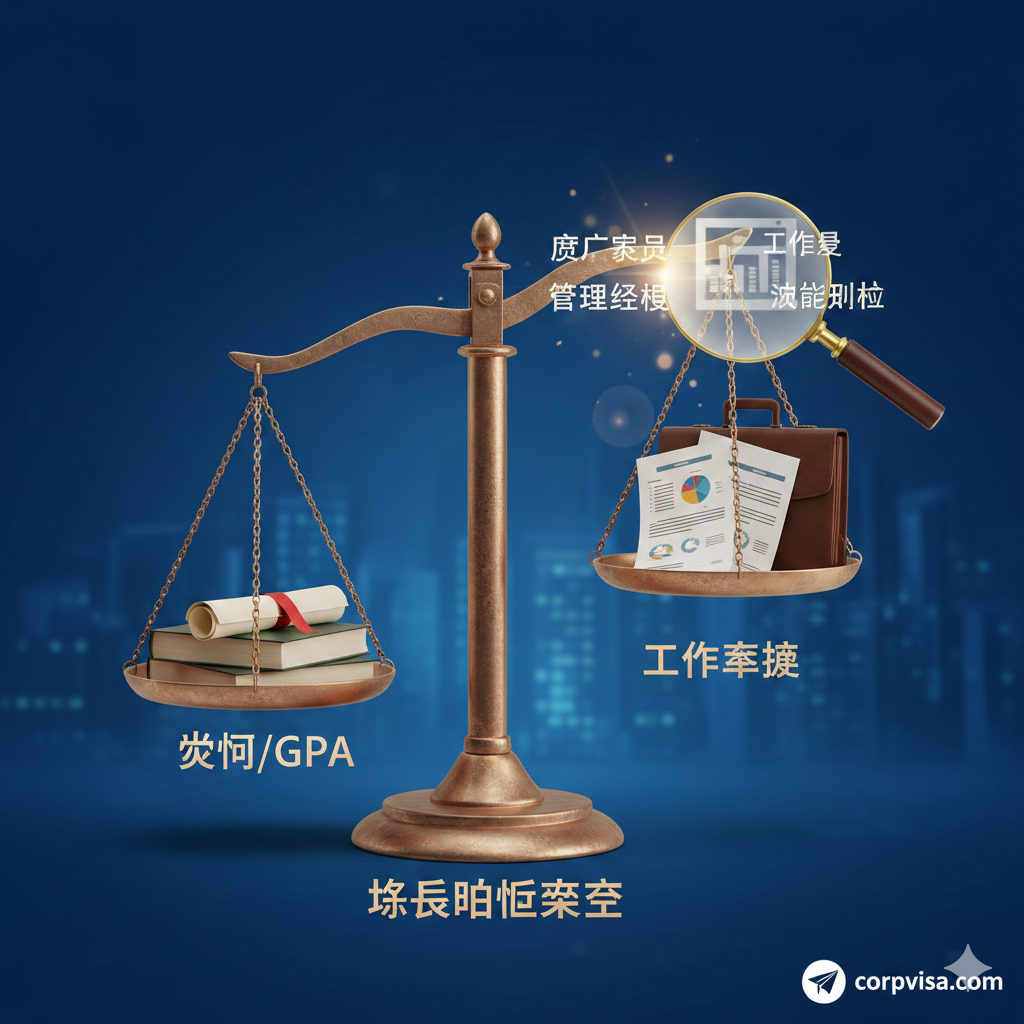 优势图：如何将28岁的工作经验转化为申请优势。画面主体是一个天平或放大镜的意象。天平的一端是象征'学历/GPA'的抽象元素（如一个毕业证书），另一端是象征'工作经验'的元素（如一份项目报告或公文包），明显倾斜向'工作经验'这一侧。放大镜聚焦在简历或个人陈述的关键词上，突出'项目成果'、'管理经验'、'职业规划'等。整体风格应体现'扬长避短'的策略和专业性。