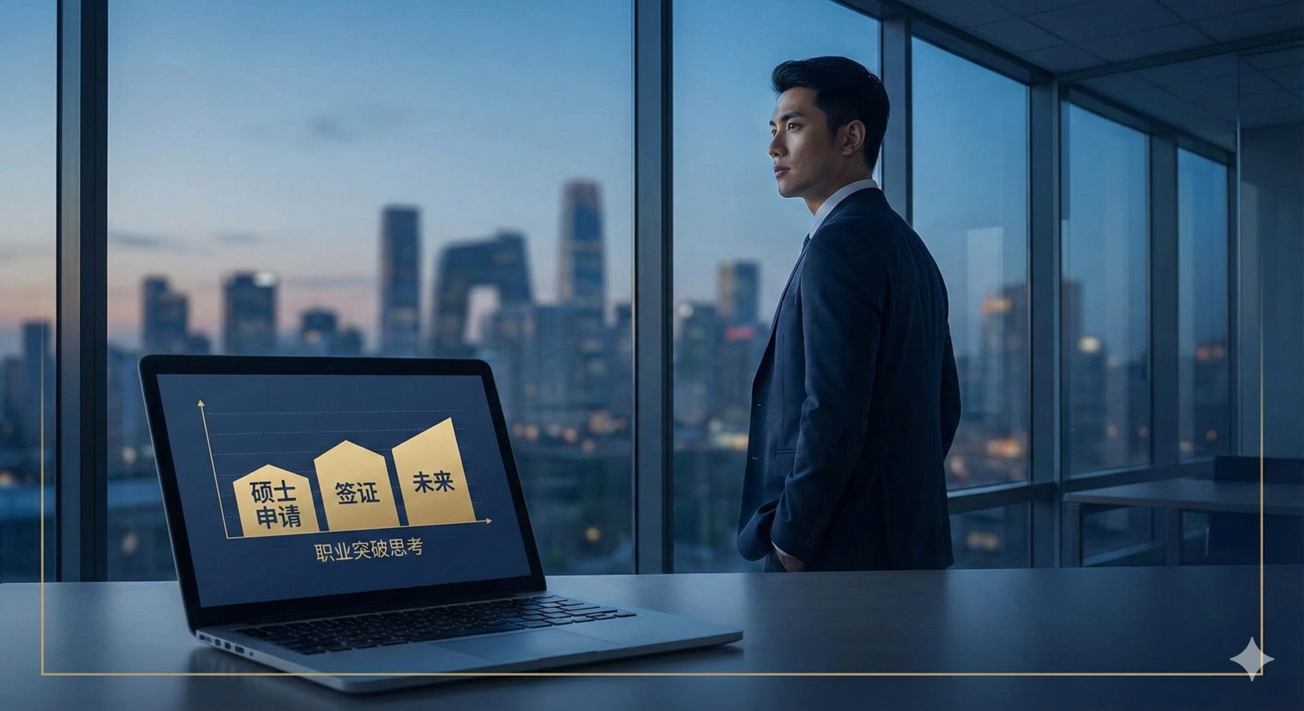 图片以沉稳、专业的商务风格为主。主体是一位28岁左右的亚洲男性，面带思考，站在一个玻璃幕墙的现代办公室窗前，窗外是模糊的城市天际线，象征着职业瓶颈。前景是打开的笔记本电脑，屏幕上显示着'硕士申请'、'签证'、'未来'等关键词的图表。整体色调采用深蓝和金色，寓意着希望和专业性。构图采用三分法，将人物、城市背景和前景的思考元素融合，突出文章主题：在职场困境中寻求学历突破。