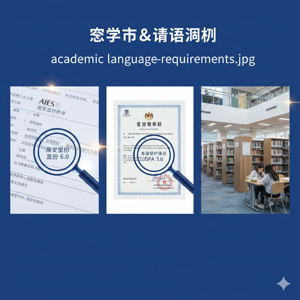 一张展示学术与语言功能特性的示意图。画面采用分屏对比或网格构图，展示雅思成绩单、高中毕业证书公证件、以及GPA绩点图标。元素包括放大镜聚焦在‘IELTS 6.0’和‘GPA 3.0’等关键数字上，背景点缀以马来西亚校园的图书馆内部景，采用商务蓝色调，风格简洁专业，让用户一眼看清核心学术要求。