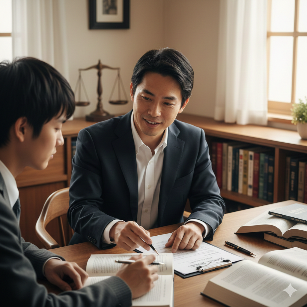 展示corpvisa.com行政书士团队的专业形象。画面中一位穿着职业西装的行政书士正在为留学生耐心地解释法律文件，桌上放着‘理由书’和‘反省文’的样稿。背景墙上有天平或法律书籍。采用温暖的办公室内景光线，强调专业、可靠、解惑的优势，给面临签证危机的用户带来安心感。