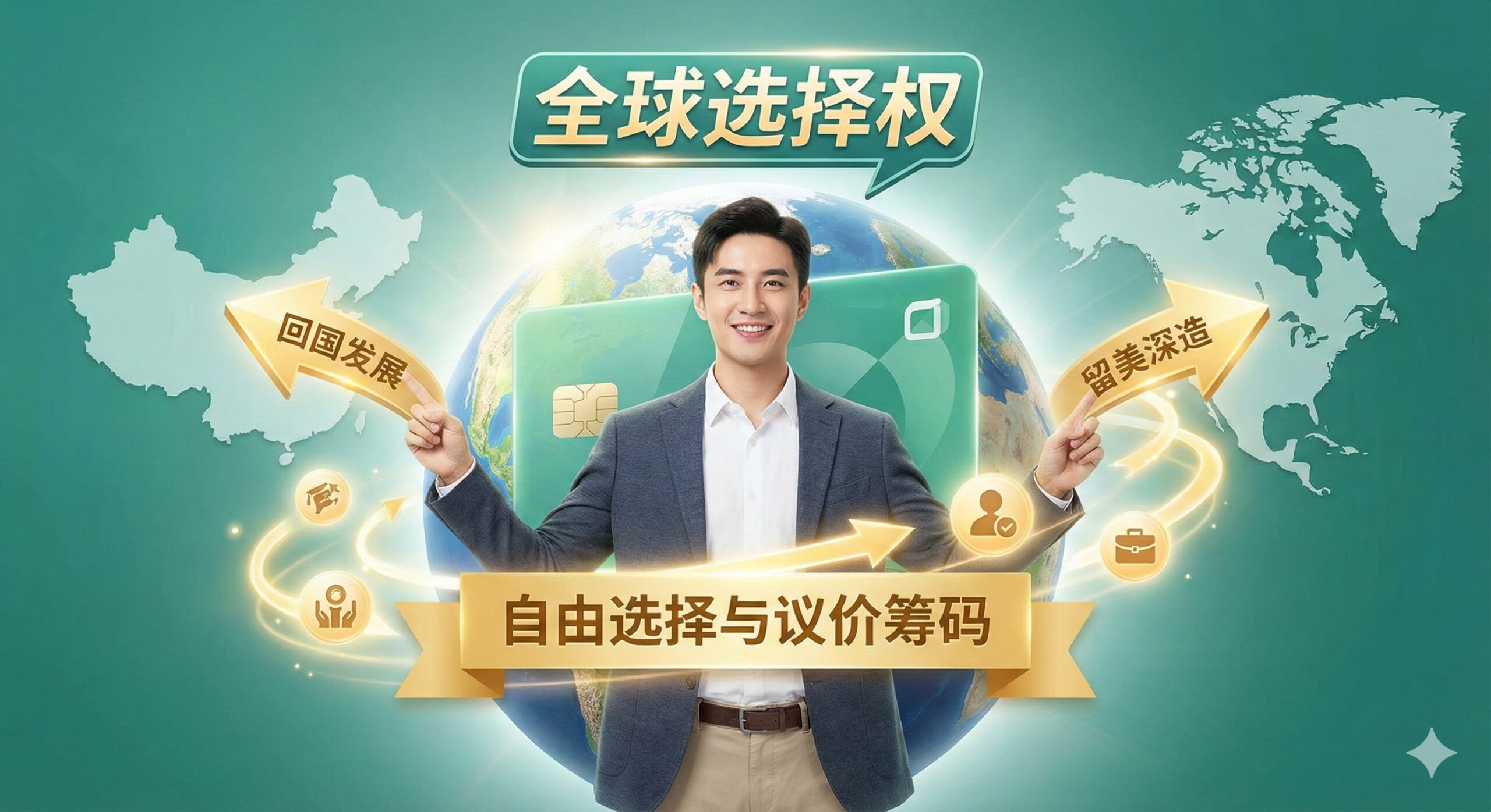 突出拥有绿卡带来的“全球选择权”的优势图。主体是一个高学历人士（穿着西装但面带轻松微笑）站在一个巨大的、可以自由旋转的世界地图前。他一只手指向中国方向（配有“回国发展”标签），另一只手指向美国方向（配有“留美深造”标签）。地图上方有一个半透明的美国绿卡卡片图形。整体色调明快、积极，强调“主动权”和“自由选择”，用金色箭头象征灵活的职业路径，打破“爱国与留美”的二元对立。