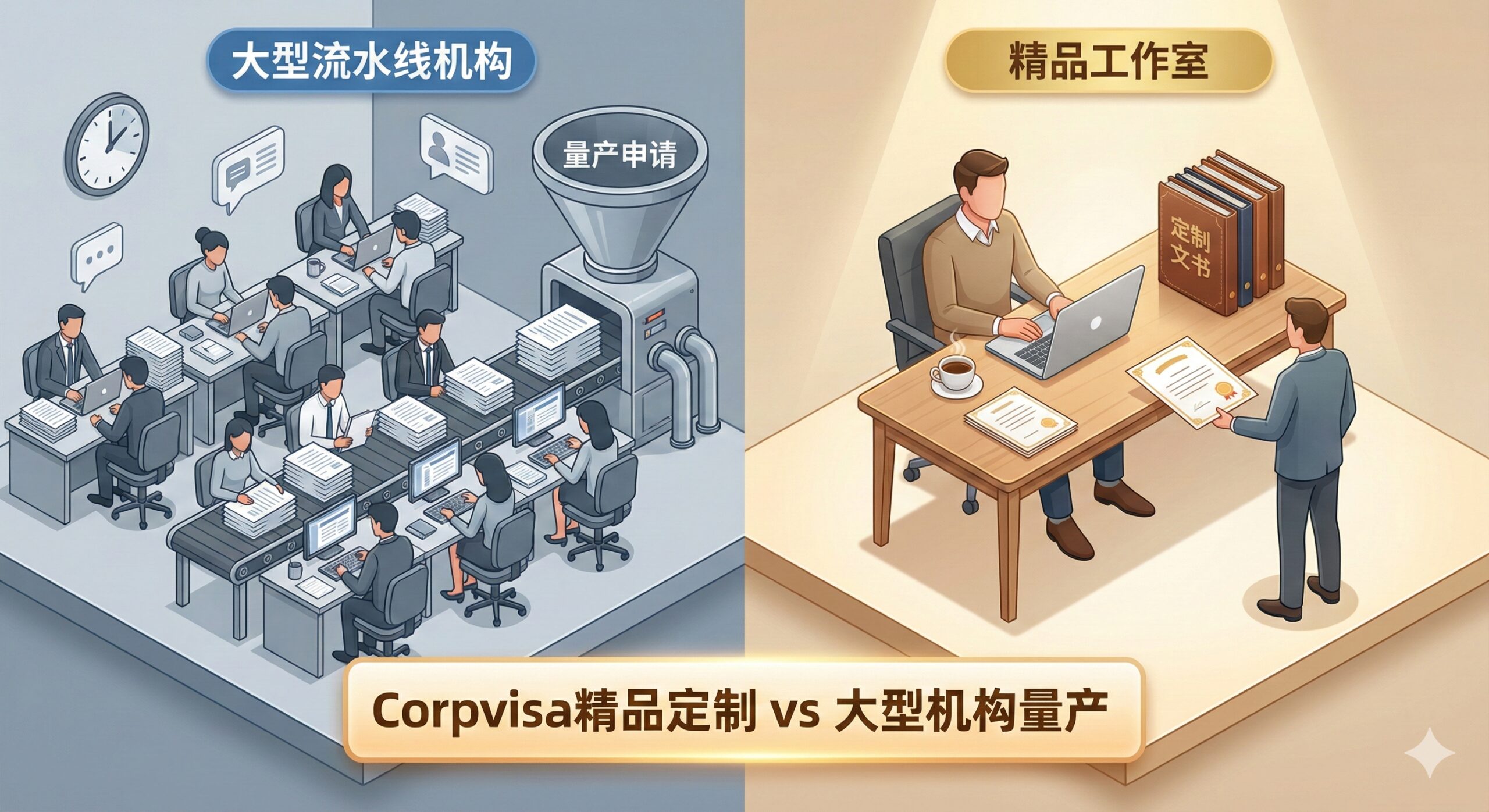 一张对比鲜明的概念插图，用于展示大型流水线机构与精品工作室的区别。左侧展示拥挤、忙碌的办公场景，堆积如山的文件和流水线般的处理流程，色调稍显冷淡和机械；右侧展示Corpvisa代表的精品工作室场景，只有一张整洁的高级办公桌，一位顾问专注于一台笔记本电脑，旁边放着一杯咖啡和一份精心定制的文书，光线温暖聚光。采用3D等轴测（Isometric）风格或扁平化矢量插画风格，清晰直观地传达‘量产’与‘定制’的差异。