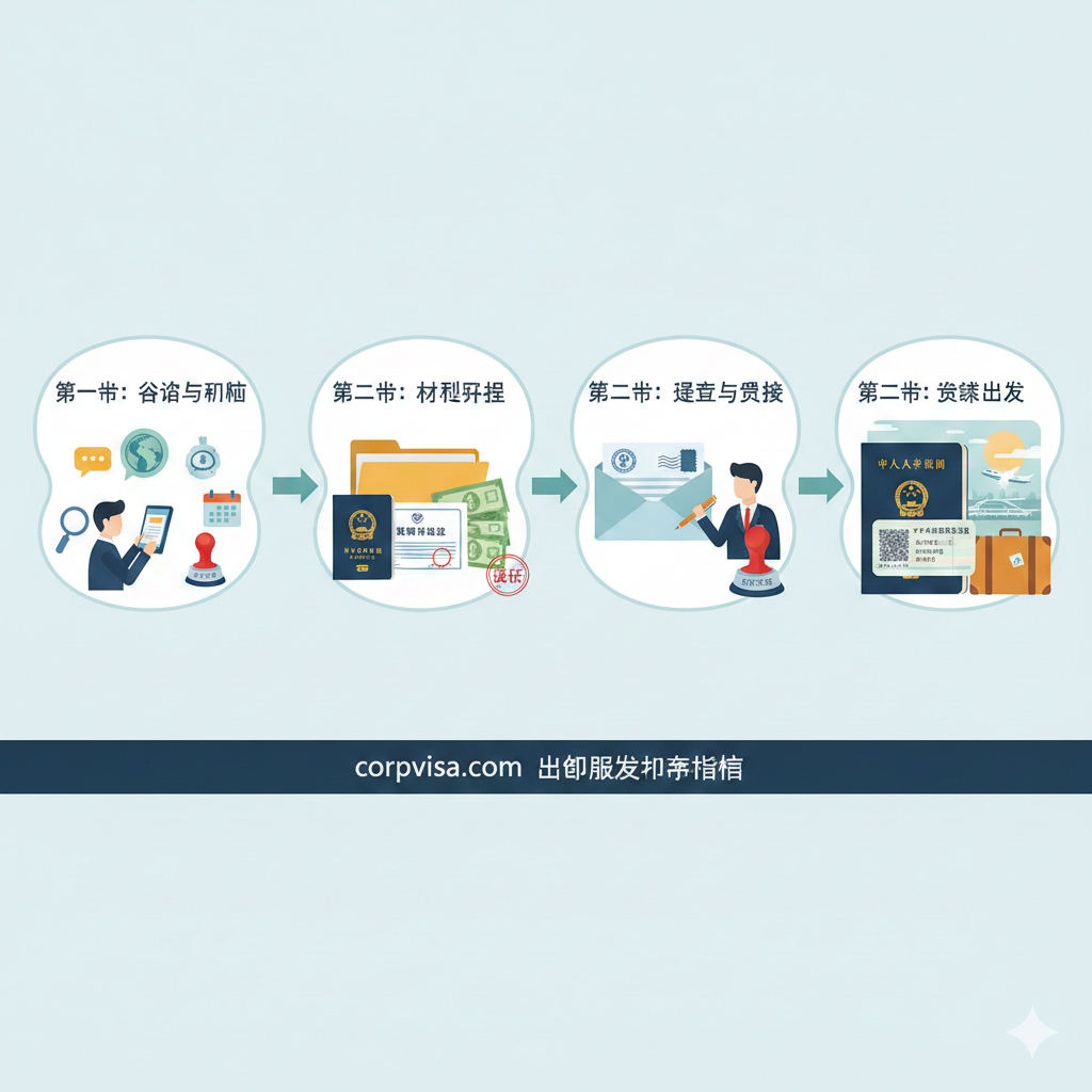 一张清晰易懂的流程引导教程图。采用扁平化插画风格，详细展示了从咨询、材料准备到递签成功的步骤。画面中包含护照、录取通知书、印章等关键元素。色调和谐，利用箭头导向引导视觉流动，整体布局规整，文字排版留白充分，旨在为用户提供清晰的出国服务操作指南。