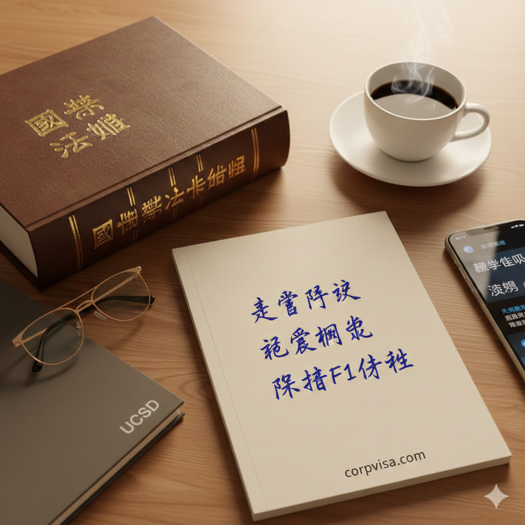 一张寓意深刻的总结性图片，采用律师办公桌的俯拍视角。桌面上摆放着一本摊开的美国法律书籍、一副眼镜、一杯咖啡以及一本记事本。记事本上用手写体清晰地列出关键词：'Respect Privacy'（尊重隐私）、'No Cyberbullying'（拒绝网暴）、'Protect F1 Status'（保护签证）。光线柔和温暖，象征着理智思考与对未来的负责态度，呼吁留学生严守法律底线。