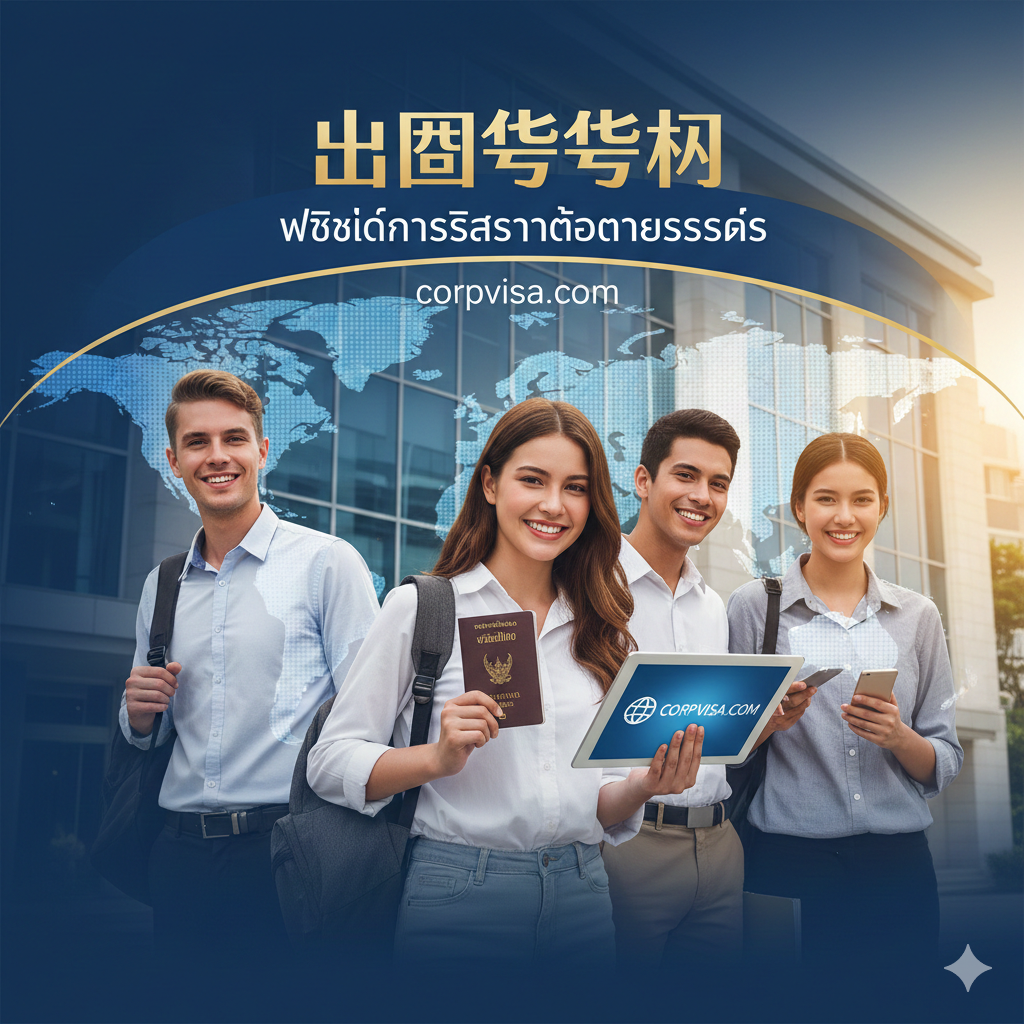 A professional and inspiring cover image featuring a diverse group of international students standing in front of a modern university building combined with a world map background. The central focus is on a student holding a passport and a digital tablet showing the corpvisa.com logo. The style is bright, optimistic, and high-definition with warm sunlight and soft bokeh. Blue and white tones dominate to represent trust and professional education services.