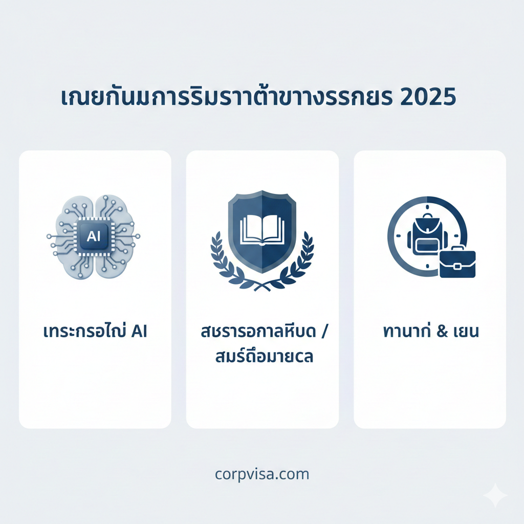 A clean, modern infographic-style image showcasing the 2025 study abroad trends mentioned in the article. It features 3D icons representing AI technology (for China), a classic Western university crest (for UK/US), and a 'Work & Study' clock icon. The layout is a split-screen or grid design using professional icons and minimal Thai text labels. The color palette matches the Corpvisa brand with corporate blue and slate grey accents.
