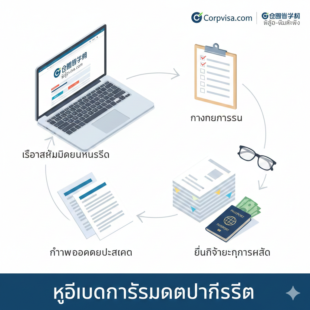 A detailed 4-step process illustration showing the journey from choosing a major to document preparation. The image depicts a flat-lay desk scene with a laptop, a checklist, a pair of glasses, and university application forms. Small, stylized arrows guide the eye from one step to the next. The atmosphere is organized and professional, highlighting the methodical approach of Corpvisa's guidance services.