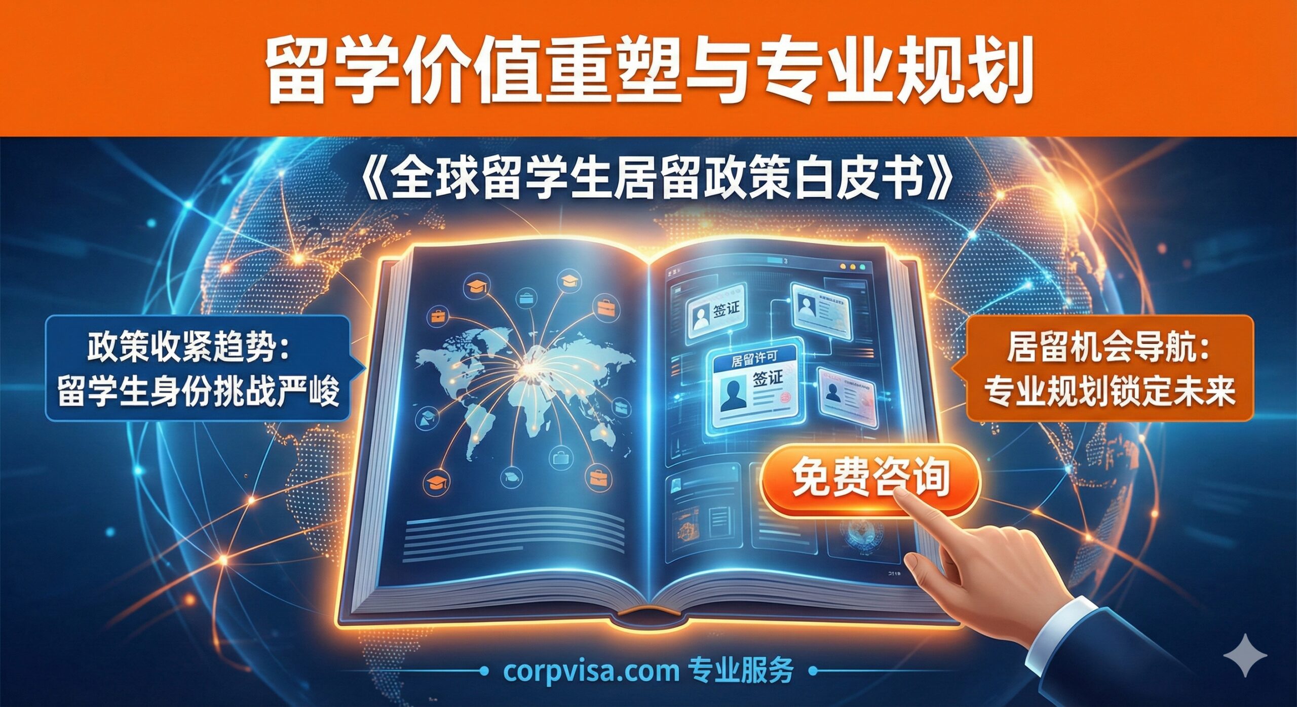 设计理念：行动号召与专业服务总结。画面主体是一本打开的、发着微光的《全球留学生居留政策白皮书》。