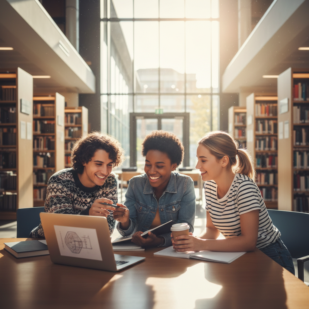 学生们在图书馆合作学习