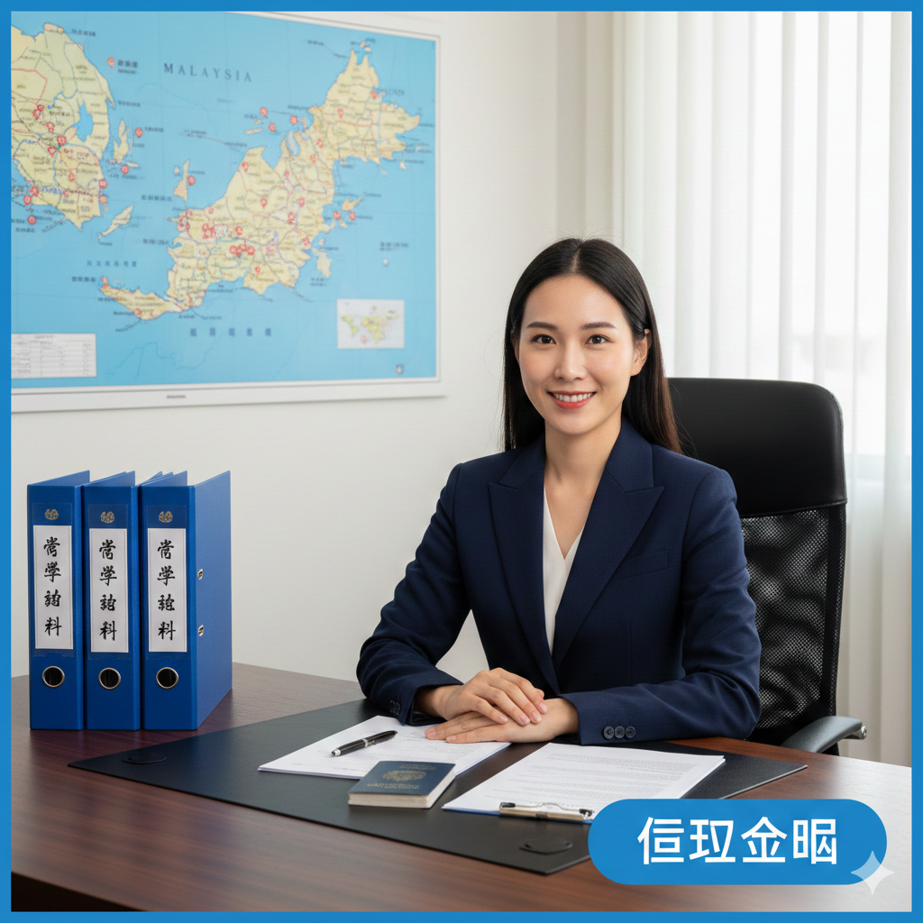 文章总结部分的引导图，体现corpvisa的专业服务。画面展示一位身穿商务装、亲切微笑的专业顾问，面前摆放着整理整齐的留学申请材料夹和护照。背景是干净的办公室环境，墙上挂着马来西亚地图。画面光线柔和，营造出值得信赖和权威的氛围。底部或侧边设计有‘立即评估’的视觉引导元素，旨在引导读者完成最后的行动转化。