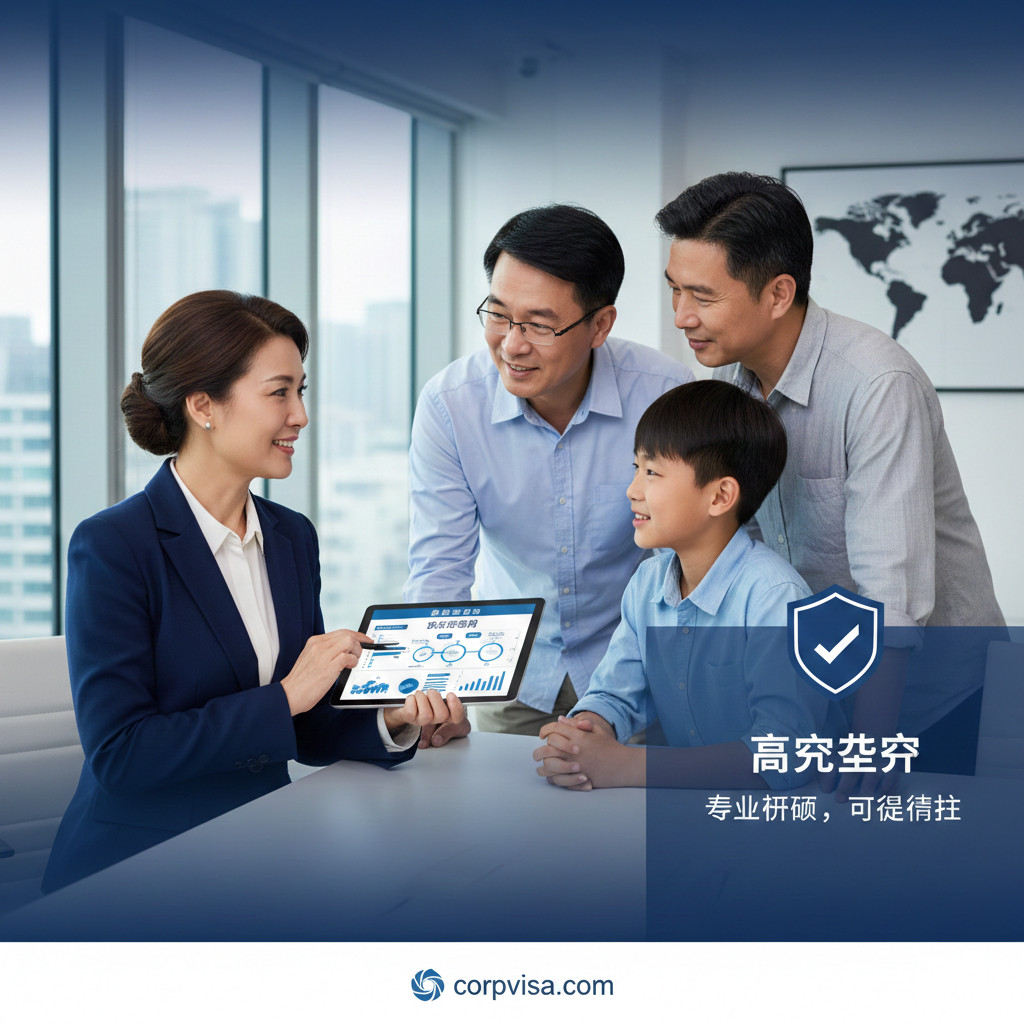 一张表现专业咨询与信任感的商务风格图片。画面描绘了一位穿着整洁职业装的资深顾问正在与一家人（学生和家长）在明亮的办公室进行交谈，顾问面带微笑，手中展示着一份详细的规划文件或平板电脑上的数据图表。背景是模糊的办公室环境，隐约可见墙上的世界地图装饰。画面右侧叠加半透明的盾牌图标或'高成功率'的数据可视化图形，色彩以稳重的藏青色和白色为主，强调CorpVisa专家的权威性与可靠性。