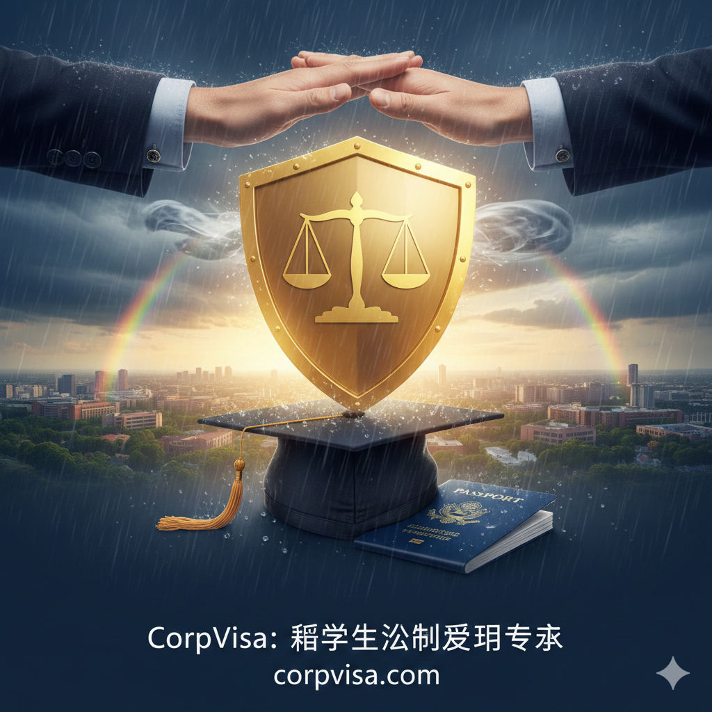 展现CorpVisa专业法律援助优势的图片。画面中央是一双专业的手（穿着西装袖口）托举着一个金色的盾牌，盾牌上刻有天平图案，正在为下方的学士帽和护照遮挡风雨。背景是暴风雨过后的初霁阳光，寓意在学生面临退学和签证危机时，专业机构能提供关键的法律保护和身份恢复方案，传递出安全感与希望。