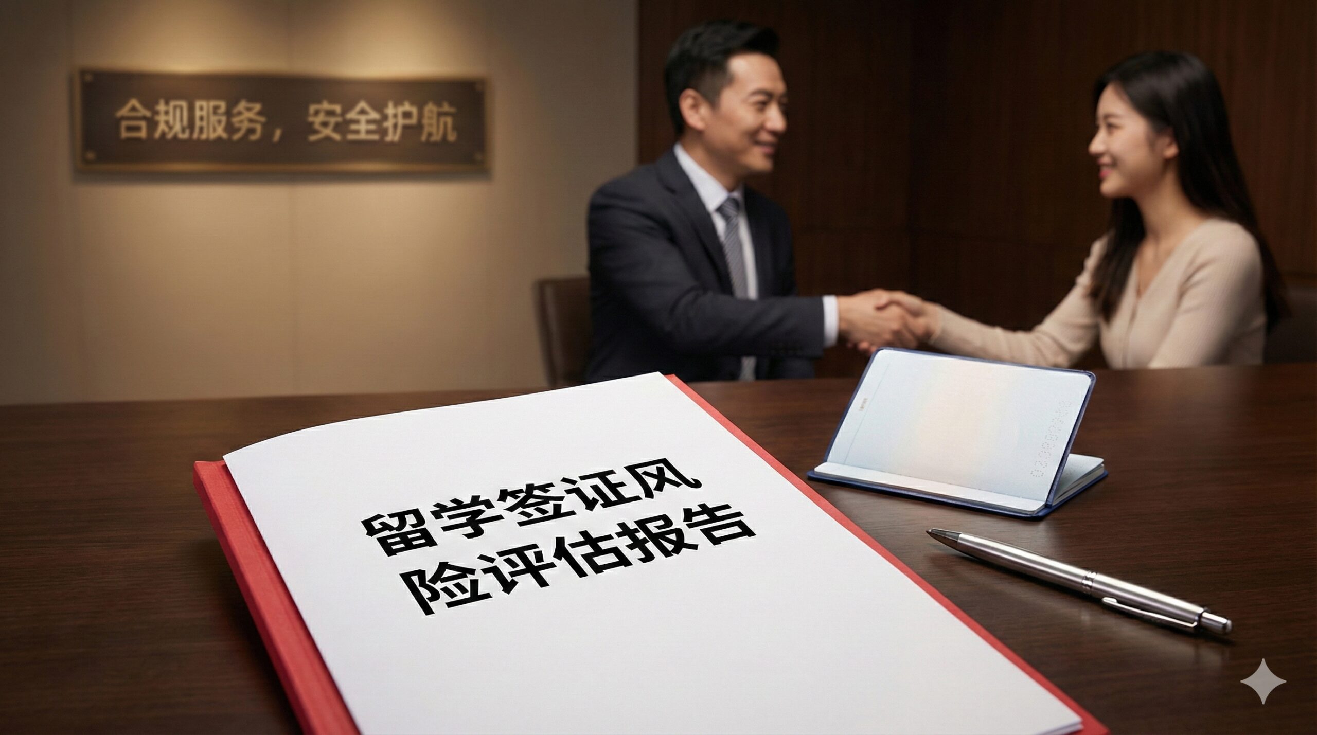 一张充满信任感的总结图片。特写视角展示一张摆放在精致办公桌上的“留学签证风险评估报告（Risk Assessment Report）”，旁边放着一本打开的护照和一支签字笔。背景虚化，隐约可见专业的移民律师在与学生握手或交谈。画面传达出安全、合规和专业服务的理念，引导用户点击获取评估，避免留学路上的风险。