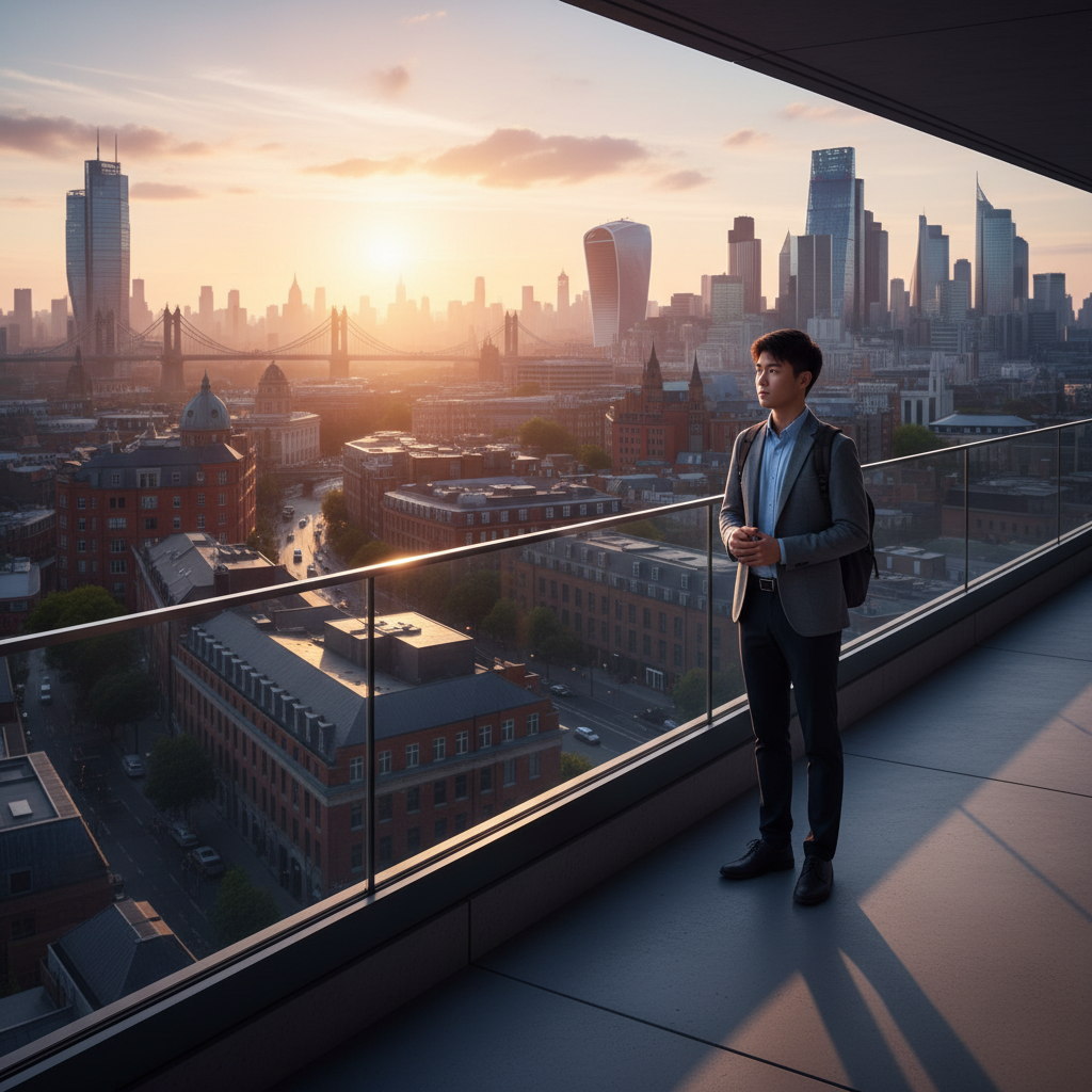 A confident Asian student standing on a balcony, looking out over a modern city skyline like London or New York at dawn, symbolizing future opportunities through studying abroad. Soft, optimistic lighting.