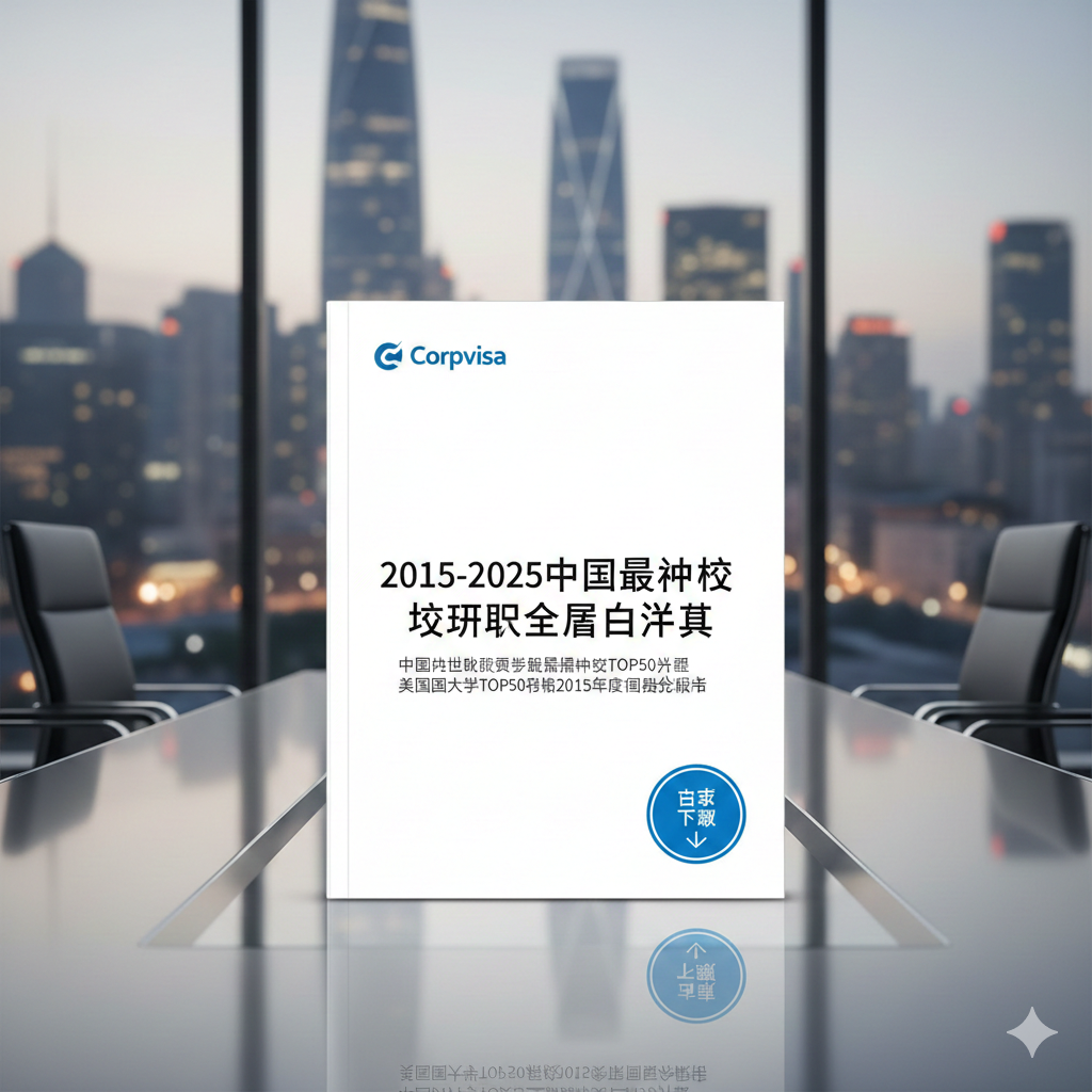 一张精美的白皮书报告实物样机图，封面上印有'2015-2025中国最强中学录取全景白皮书'字样及Corpvisa的Logo。报告放置在现代化的玻璃会议桌上，背景是模糊的城市天际线，象征着广阔的未来。画面右下角设计一个醒目的'点击下载'视觉引导元素，引导用户进行留资转化，整体风格商务且高端。