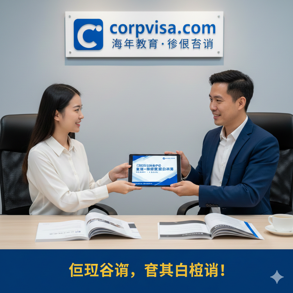 一张充满信任感与行动力的总结图。画面展示在一个现代化的咨询办公室中，一位穿着正装的顾问正微笑着将一台平板电脑递给客户，屏幕上清晰显示着《2025新加坡留学+移民政策白皮书》的封面图。背景温暖柔和，透出专业咨询机构的氛围。图片的构图引导视线聚焦于“白皮书”和握手/递交的动作，强力引导用户进行咨询和下载。