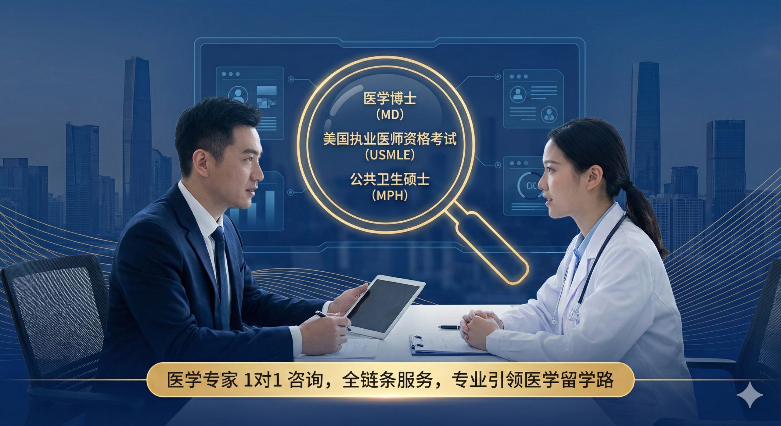 突出Corpvisa作为专业医学留学中介的优势。图片中央是一个放大镜，焦点聚集在“MD”、“USMLE”、“MPH”这几个医学专业关键词上，象征专业和聚焦。背景是高楼林立的现代化城市天际线，但前景有一位穿着正装的顾问（象征专业指导）和一位身穿白大褂的学生（象征客户），正在进行1对1咨询。整体风格专业、信任感强，用深蓝和金色线条勾勒，突出“医学专家 1对1 咨询”和“全链条服务”的核心优势。