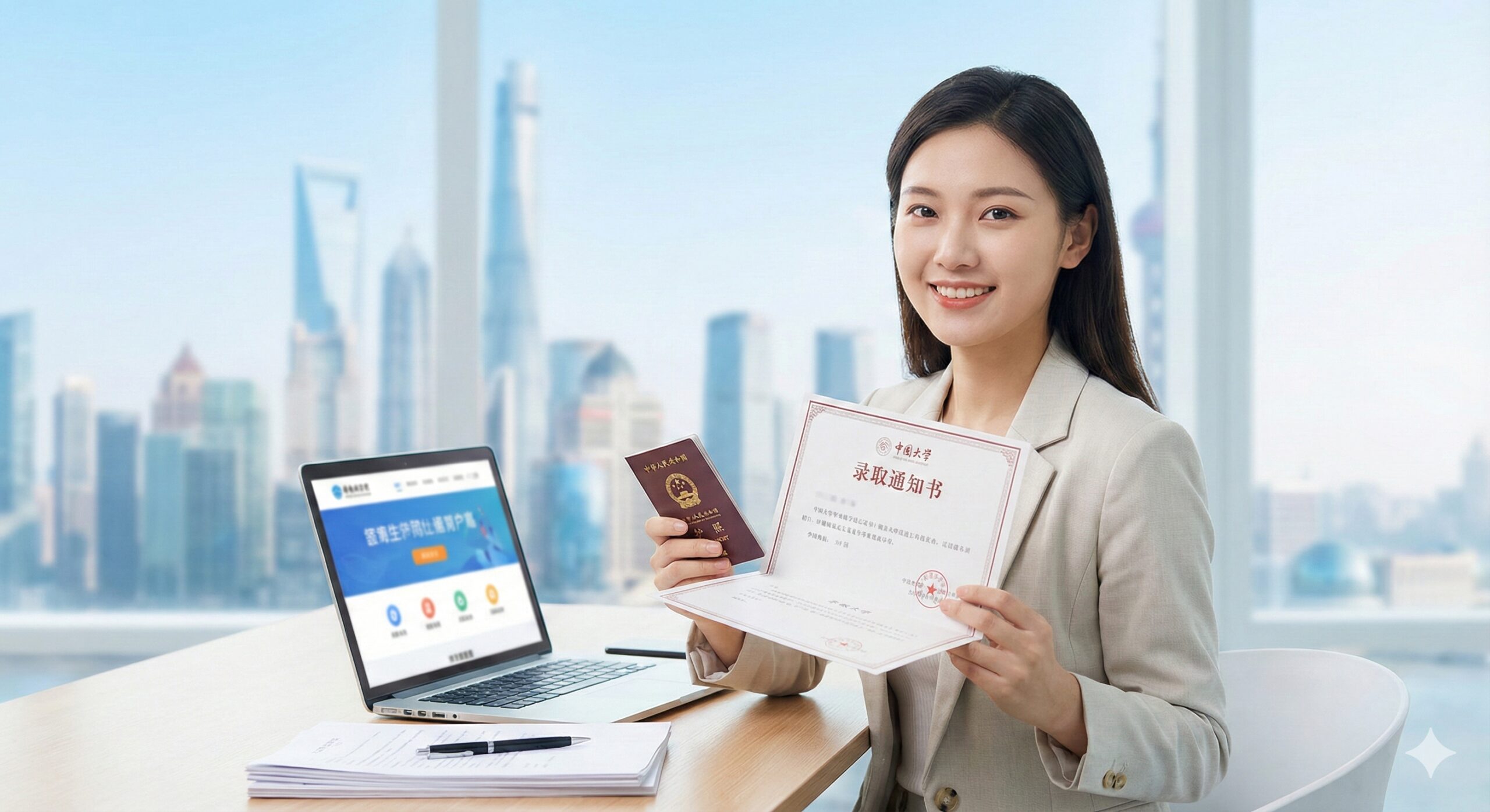 一个年轻、面带微笑的亚洲（例如韩国）女留学生，手持一本护照和一个代表中国大学的录取通知书。风格：专业、清新、积极向上。色彩：明亮、柔和的蓝色和白色，象征信任和希望。元素：背景是模糊的国际大都市天际线（如上海或首尔），前景是留学相关文件和一台笔记本电脑。构图：采用浅景深突出人物和文件，体现留学成功和国际交流的主题。