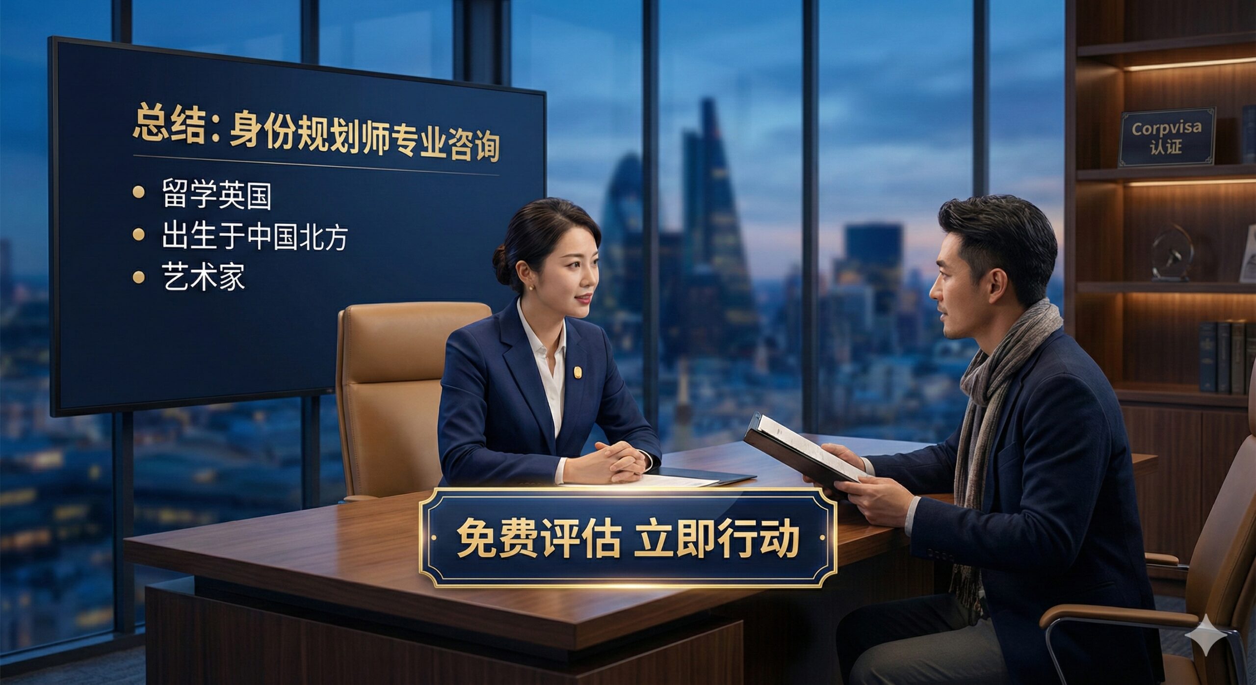 作为总结和CTA（Call to Action）图片，应展示Corpvisa的专业与权威感。主体为一个专业的咨询场景，一位身着西装的专业人士（象征Corpvisa顾问）正在与一位艺术家沟通，背景是抽象的伦敦城市天际线和Corpvisa的品牌色调（如深蓝、金）。画面应突出“咨询”和“免费评估”的字样，强化“身份规划师”的角色，并引导用户采取行动。构图稳重，色彩沉稳，传递可信赖的专业服务形象。