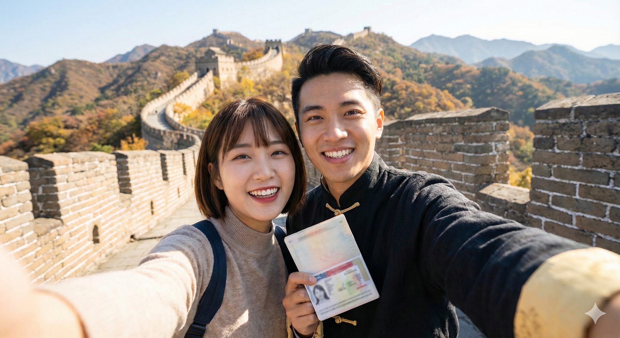 一对年轻的国际情侣（亚洲面孔，如韩国女生和中国男生）在中国的著名地标（如外滩或长城）前合影留念，他们看起来非常幸福和放松。风格：温馨、生活化、高画质。色彩：饱和度适中，捕捉户外阳光和景点的美丽色彩。元素：情侣、地标建筑、清晰的护照或签证的边角作为成功出行的暗示。构图：广角镜头捕捉人物与背景环境，体现服务带来的美好结果和成功开启的新生活。