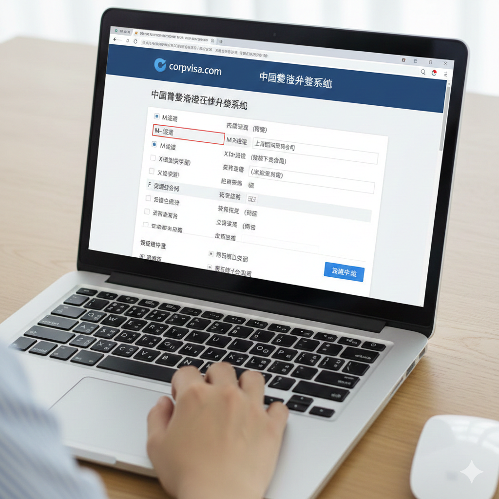 特写镜头展示一只手在电脑屏幕上填写在线签证申请表格的细节，光标停在一个关键的输入框上。风格：实景拍摄与屏幕截图相结合，注重实用性。色彩：自然光线下的办公环境色调，屏幕界面清晰可见。元素：键盘、鼠标、屏幕上清晰可见的签证类型选择（如M-Visa, X1-Visa等）和“提交”按钮。构图：高角度俯拍（Top-down shot），重点突出在线操作的便捷性和步骤的准确性。