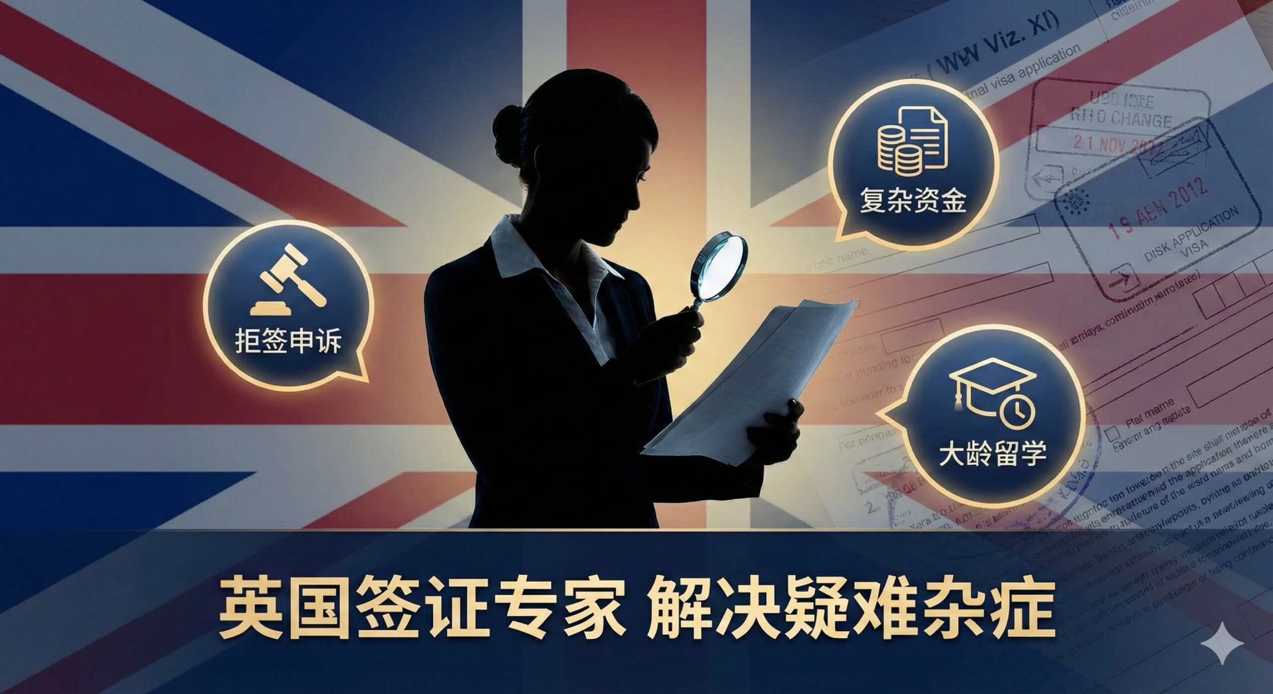 展现Corpvisa在签证和疑难问题解决上的专业优势。画面主体应是一个手持放大镜、身穿专业服装（象征顾问或签证官）的人物剪影，背景是英国国旗或一个复杂的法律文书/签证页面的局部特写。旁边配以醒目的文字气泡或图标，强调其核心服务：拒签申诉、复杂资金、大龄留学。整体风格应是专业、可信赖的，突出“签证专家”和“解决疑难杂症”的权威性。