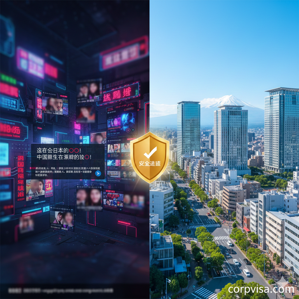 这张封面图采用分屏对比构图。左侧是一个充满霓虹灯、略显混乱的虚拟网页背景，模拟非法站点的视觉陷阱；右侧则是清新的日本商务区俯瞰图。中间是一个盾牌图标，象征着保护。整体色调由昏暗的冷色调向明亮的暖色调过渡，强调警惕低俗引流，转向正规的corpvisa.com咨询服务。画面精美，体现出专业性与安全性。